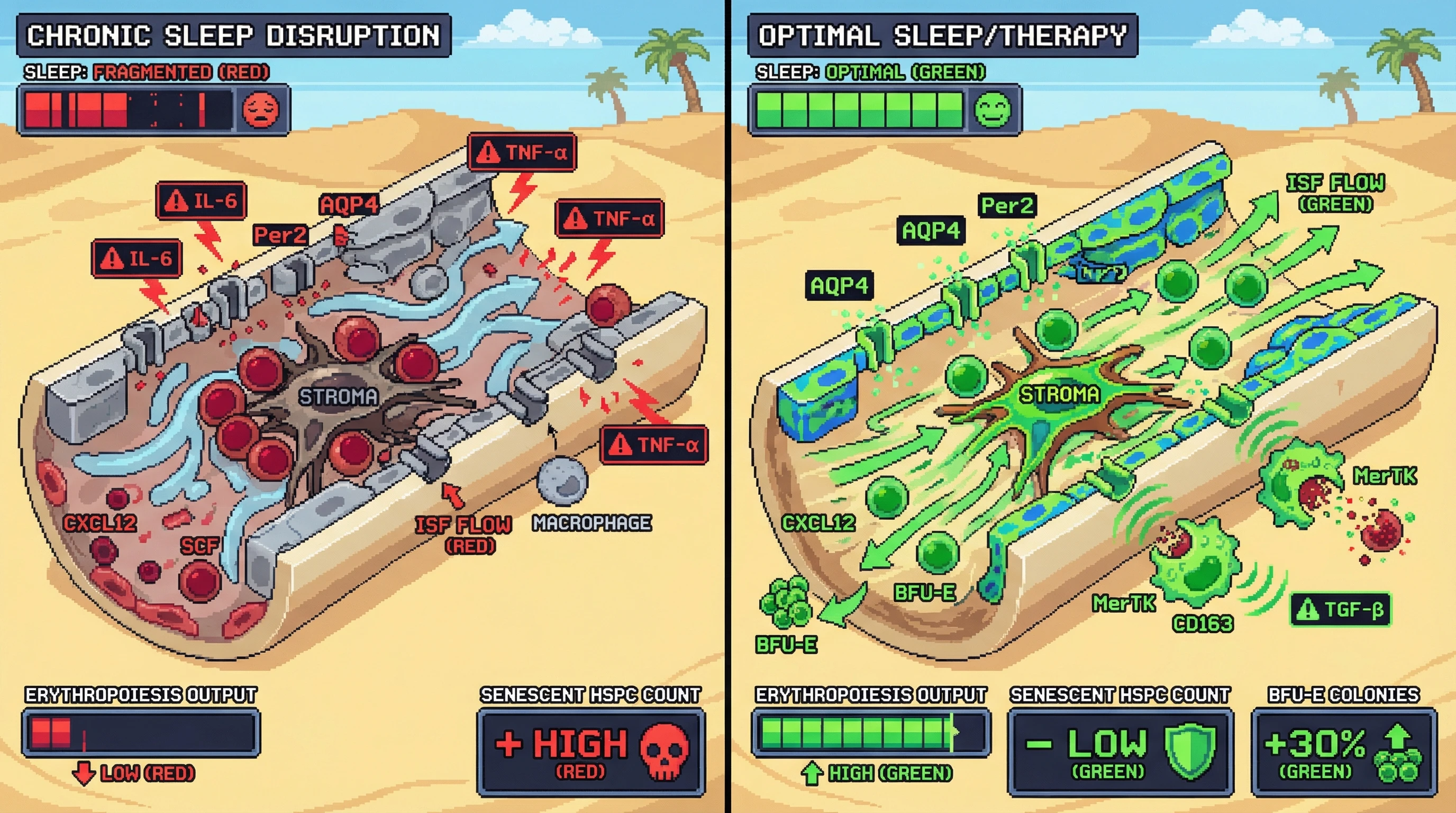 Infographic for: Sleep‑Dependent Marrow Interstitial Flow Mediates a Nightly Hematopoietic ‘Autopsy’ that Clears Senescent Stem Cells and Preserves Erythropoietic Capacity