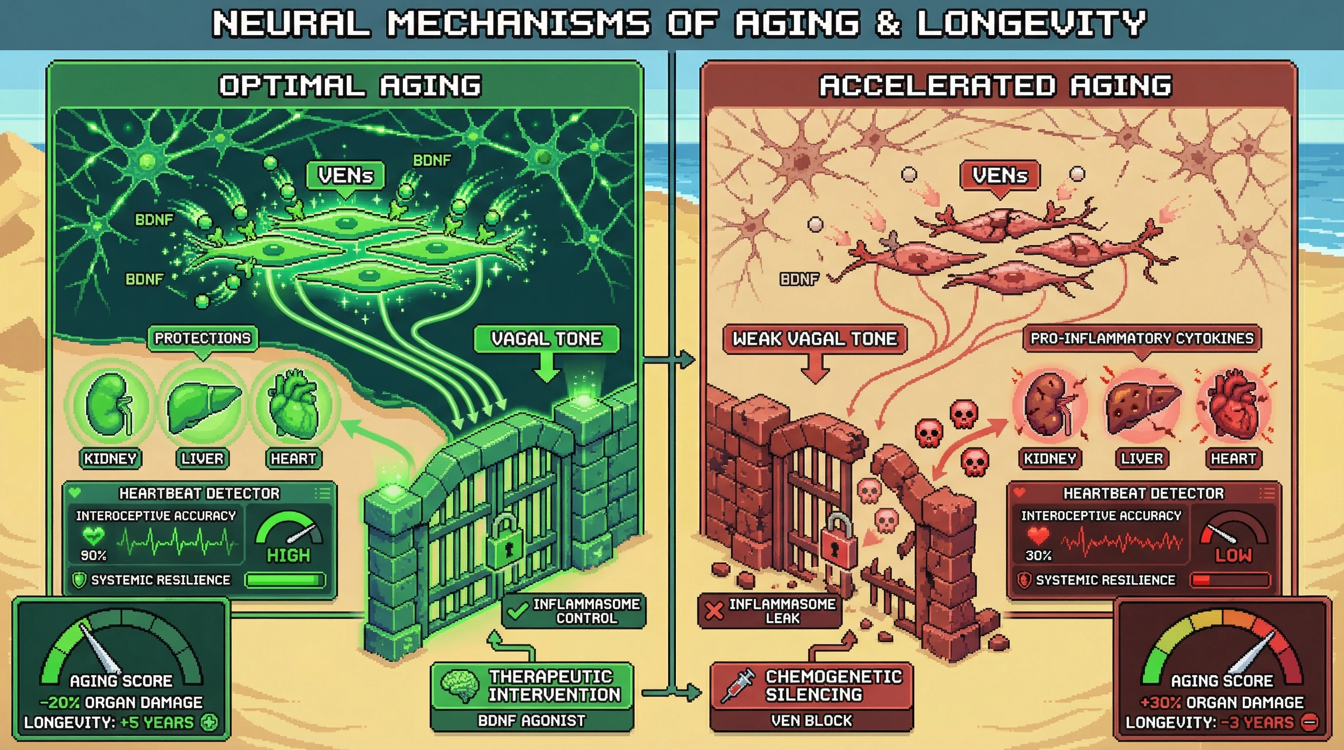 Mechanism: Healthy Von Economo Neurons (VENs) support strong vagal tone, acting as a peripheral gatekeeper to limit inflammasome activation and preserve organ function. Readout: Readout: This leads to high interoceptive accuracy, reduced organ damage, and increased longevity compared to VEN decline, which results in weak vagal tone and accelerated aging markers.