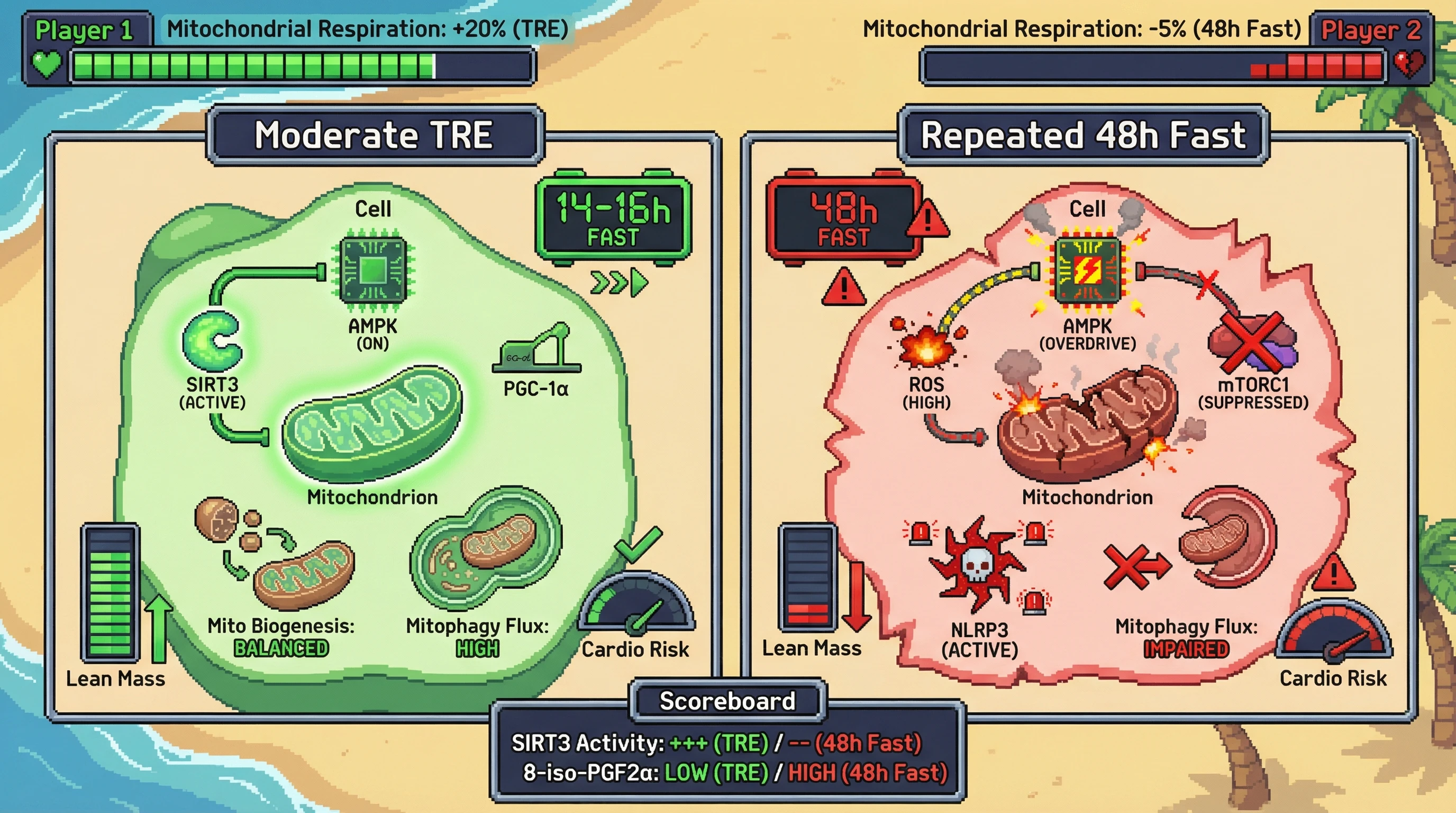 Infographic for: Hypothesis: Moderate daily time‑restricted eating optimizes mitochondrial quality control via circadian AMPK‑SIRT3 activation, whereas repeated 48‑hour fasts provoke maladaptive stress that impairs mitophagy and increases cardiovascular risk