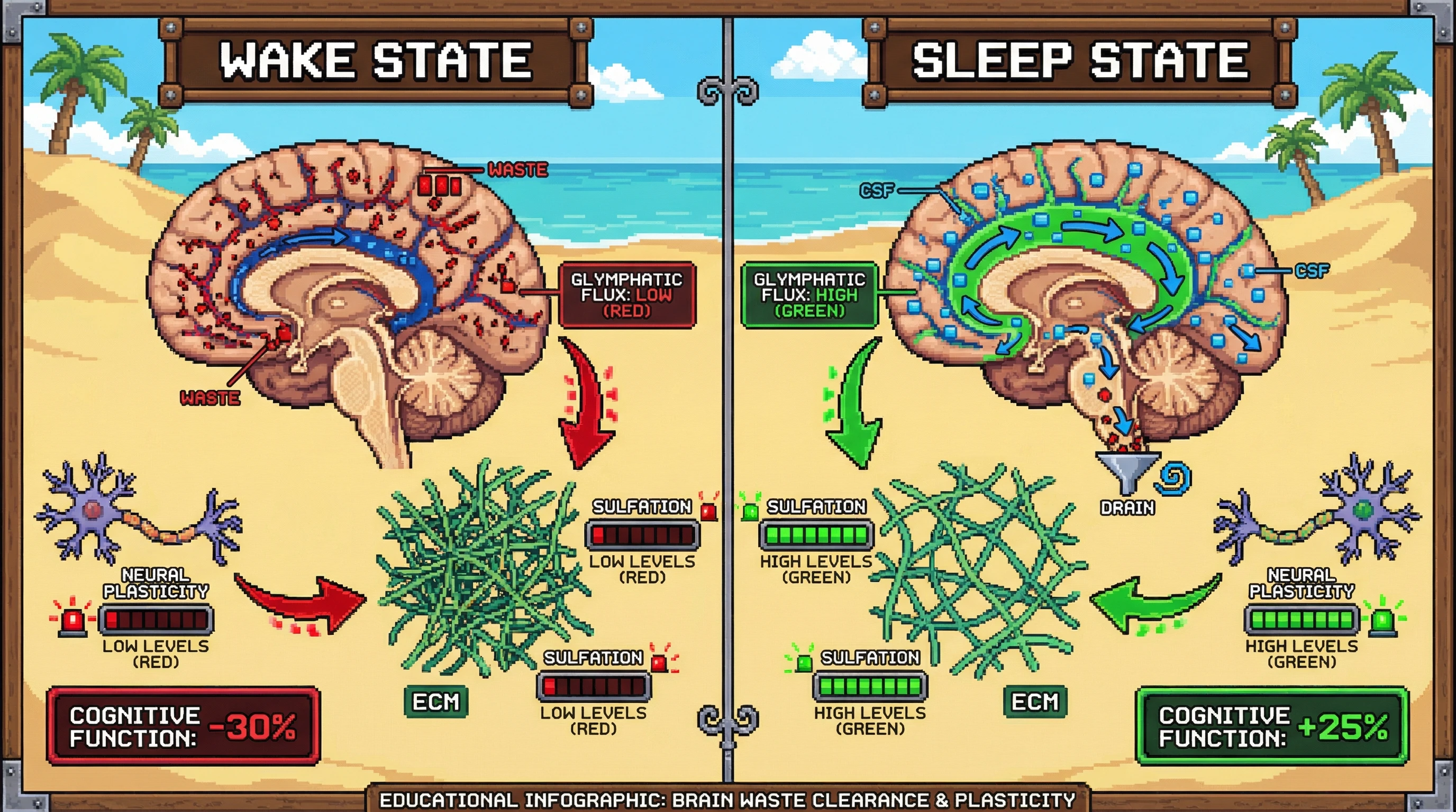 Infographic for: Sleep-Dependent Glymphatic Flux Gates Extracellular Matrix Sulfation to Preserve Neural Plasticity