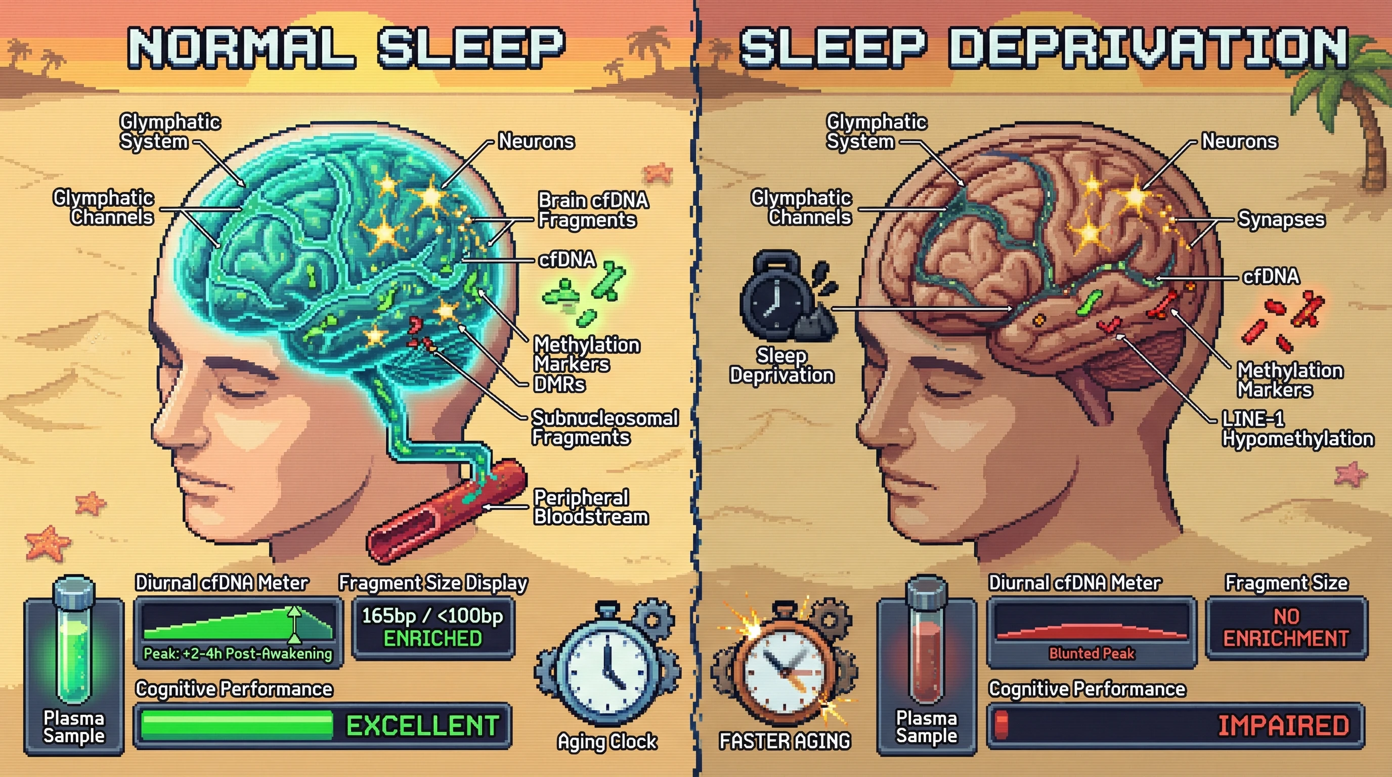 Infographic for: Sleep-dependent glymphatic efflux shapes brain-derived cfDNA methylation and fragment profiles, linking nocturnal clearance to diurnal epigenetic biomarkers of aging