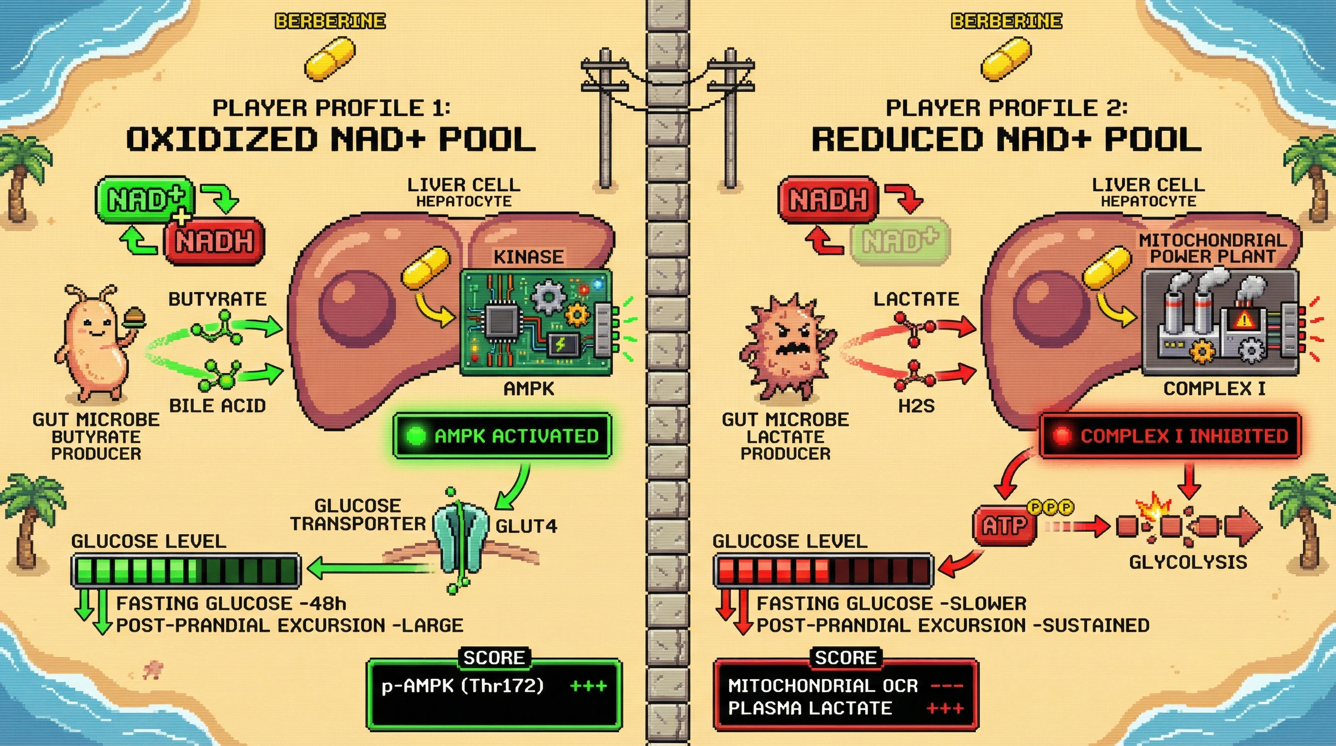 Mechanism: Berberine lowers glucose via AMPK activation or mitochondrial complex I inhibition, depending on the gut microbiome's redox influence on host NAD+/NADH balance. Readout: Readout: Specific gut microbial metabolites predict distinct changes in p-AMPK, mitochondrial OCR, and glucose response patterns.