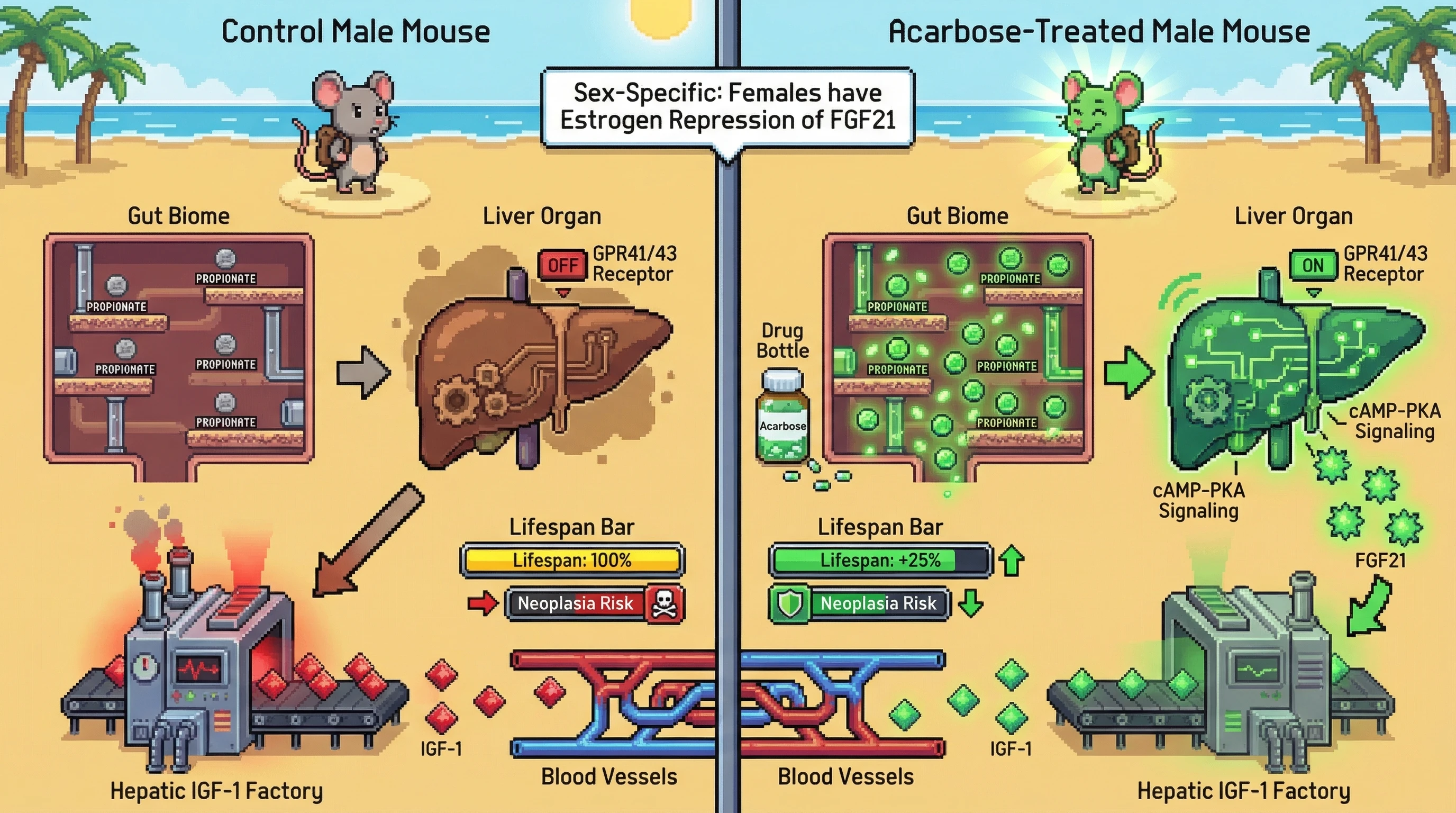 Infographic for: Sex‑Specific Hepatic FGF21 Mediates Acarbose‑Driven Propionate Effects on IGF‑1 Signaling to Extend Lifespan in Male Mice