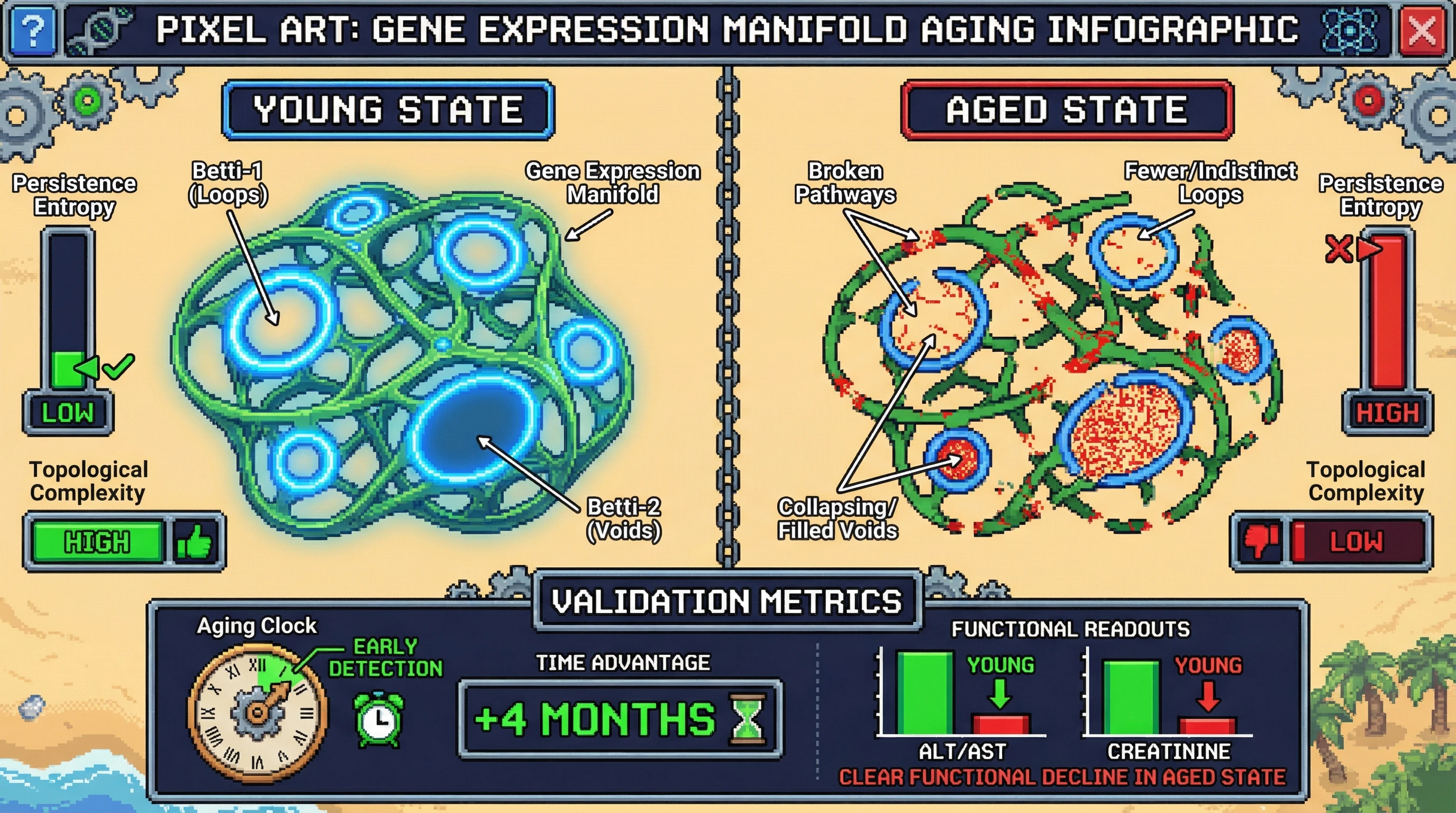 Mechanism: Aging reduces topological complexity within the gene expression manifold, causing a loss of structured loops and voids. Readout: Readout: This manifests as increased persistence entropy and decreased Betti-1/Betti-2 persistence, detectable 4 months earlier than standard aging clocks and correlating with functional decline.