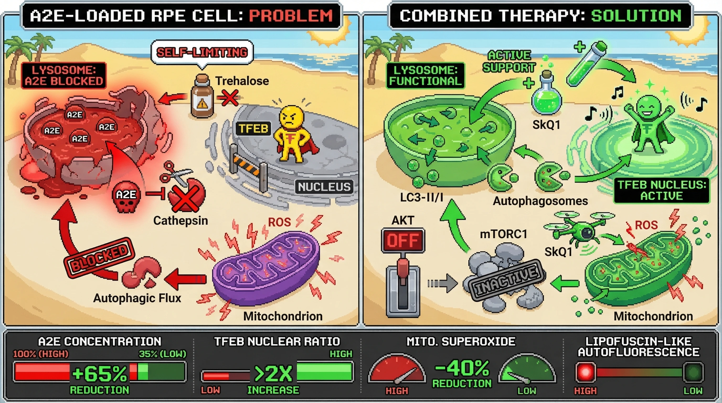 Mechanism: Combined Trehalose and SkQ1 treatment clears lysosomal A2E by activating TFEB-mediated lysosome biogenesis and scavenging mitochondrial ROS. Readout: Readout: Intracellular A2E concentration reduces by over 60%, TFEB nuclear translocation increases 2-fold, and mitochondrial superoxide decreases by 40%.