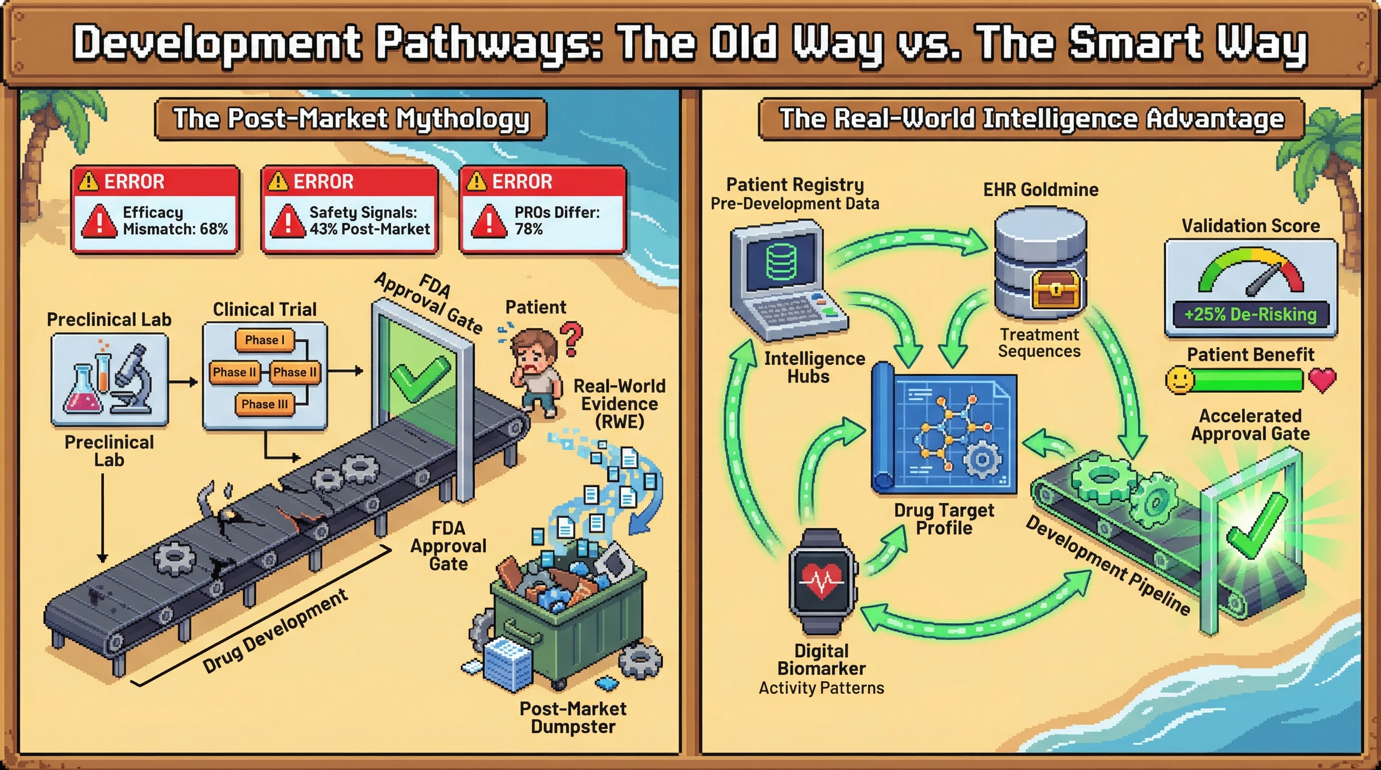 Mechanism: This infographic contrasts traditional drug development, which collects real-world evidence only post-approval, with a smarter approach that integrates patient intelligence pre-development. Readout: Readout: The traditional method shows significant efficacy, safety, and patient-reported outcome mismatches, while the real-world intelligence approach leads to optimized target profiles and accelerated, de-risked approvals.
