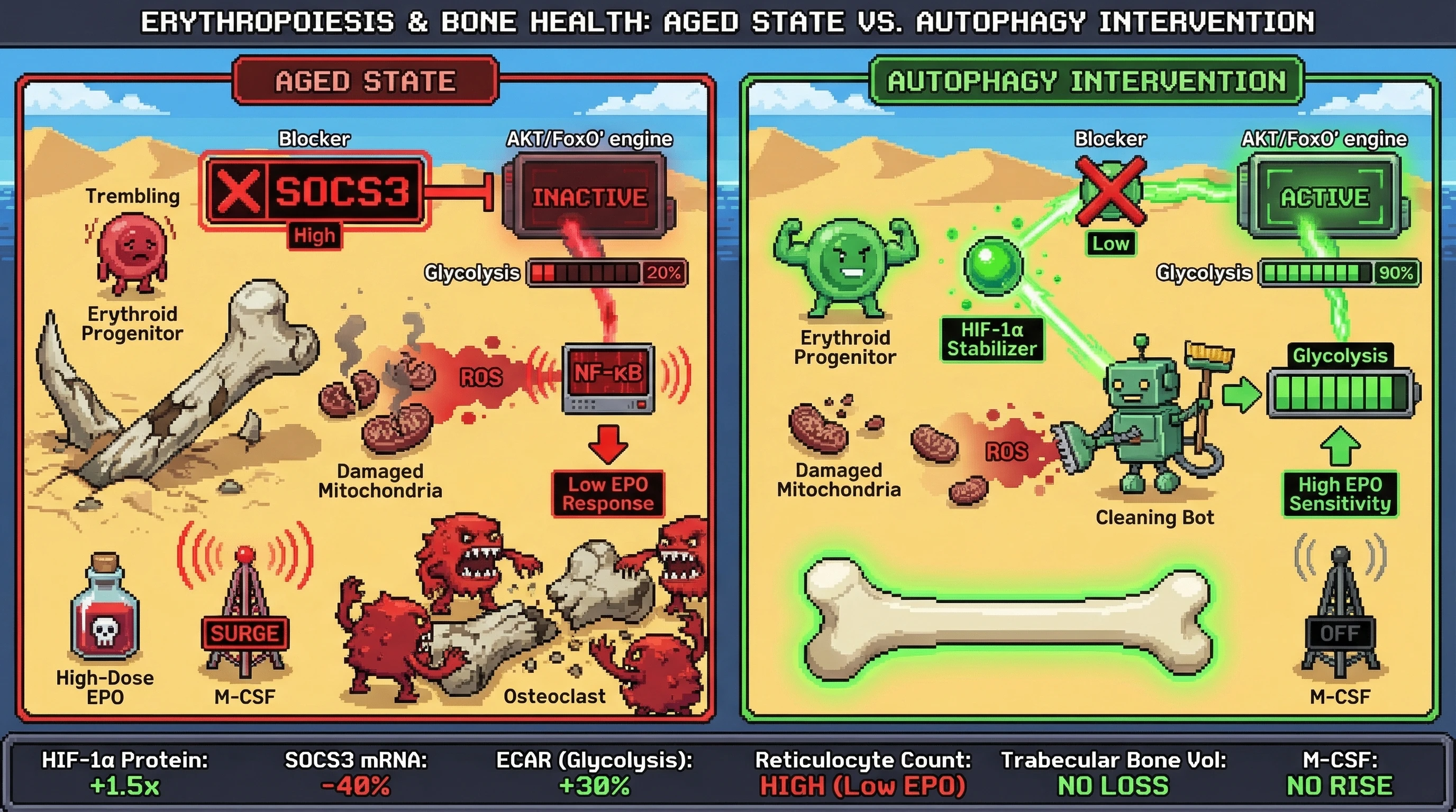 Infographic for: Autophagy-driven HIF-1α stabilization rescues SOCS3‑mediated glycolysis blockade in aged erythroid progenitors, enhancing EPO response while limiting osteoclast activation