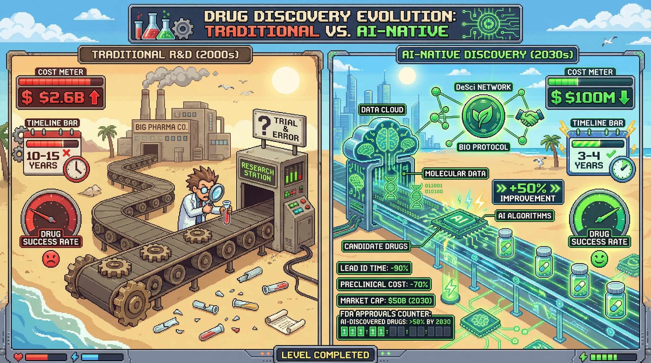 Infographic for: AI Drug Discovery Market Compression—$1.7B to $50B by 2030 Breaks Big Pharma Economics Forever