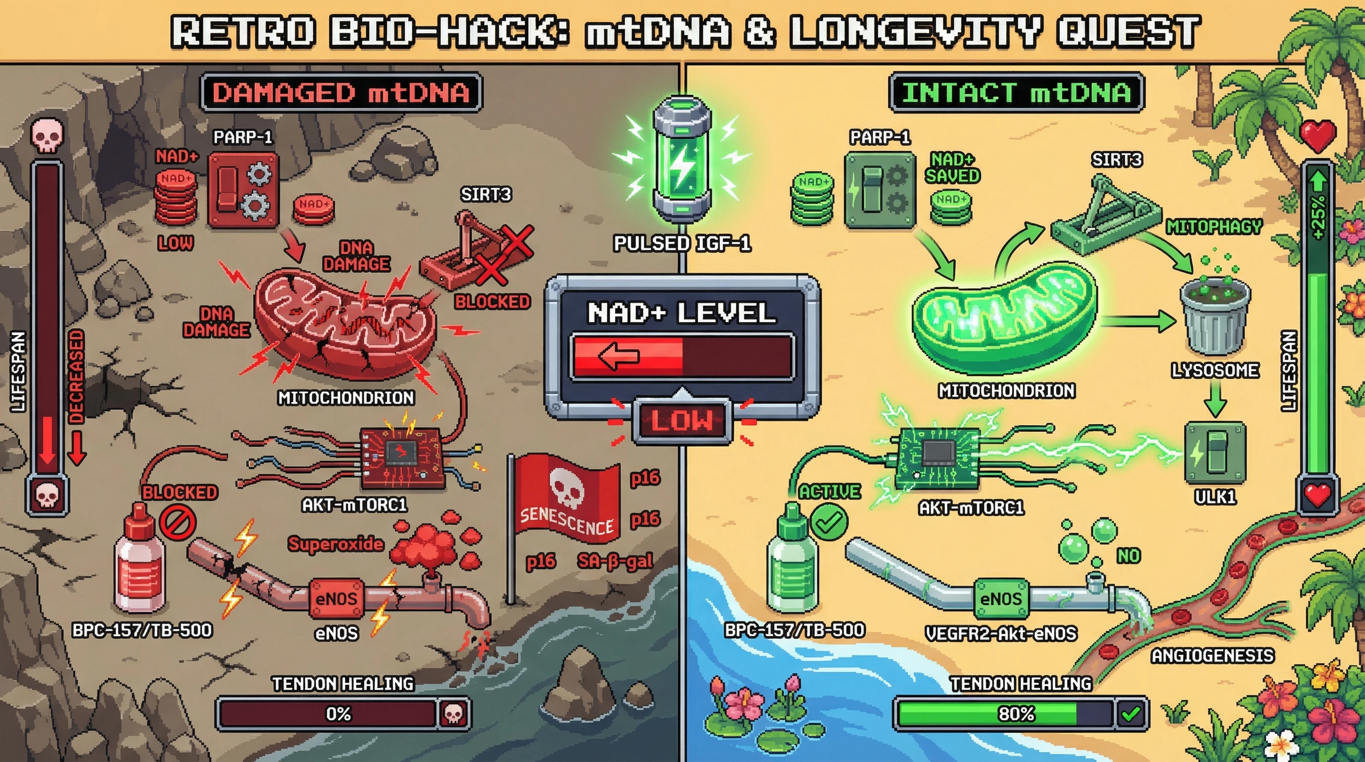 Infographic for: NAD+ Decline as an Adaptive Budget Cut That Gates IGF-1–Dependent Mitophagy and BPC-157/TB-500–Mediated Tissue Repair Depending on Mitochondrial Genome Integrity
