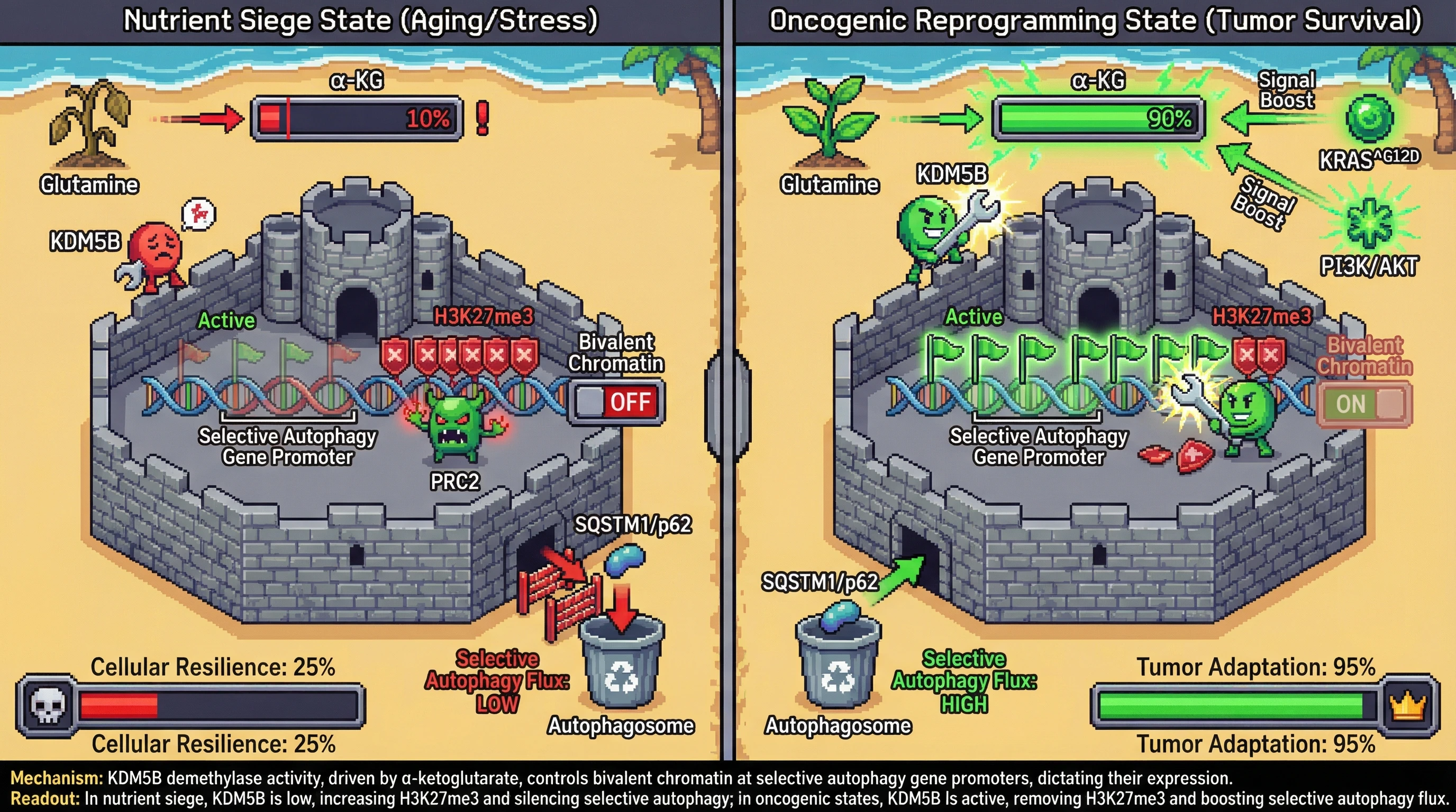 Infographic for: KDM5B as a Nutrient-Sensitive Epigenetic Switch Governing Autophagy Gene Bivalency in Siege vs. Reprogramming States