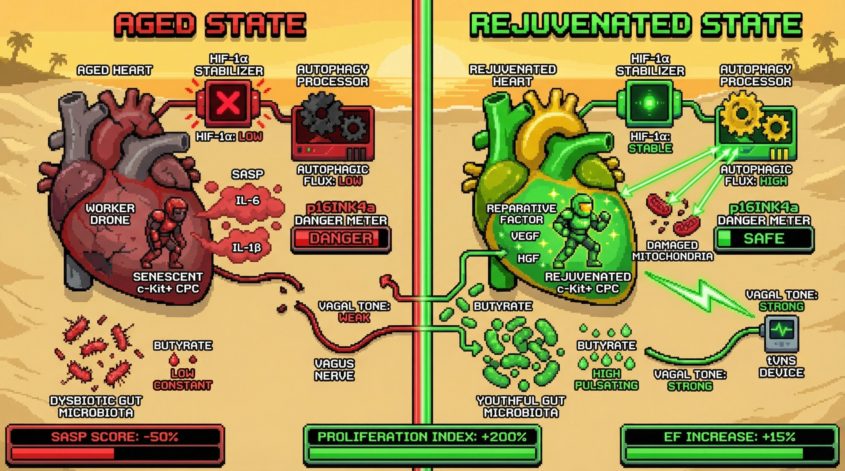 Infographic for: Gut-Brain-Vagal Reset: Youthful Microbiota‑Derived Butyrate Pulses Reprogram Senescent c-Kit+ Cardiac Progenitors via HIF‑1α‑Mediated Autophagy