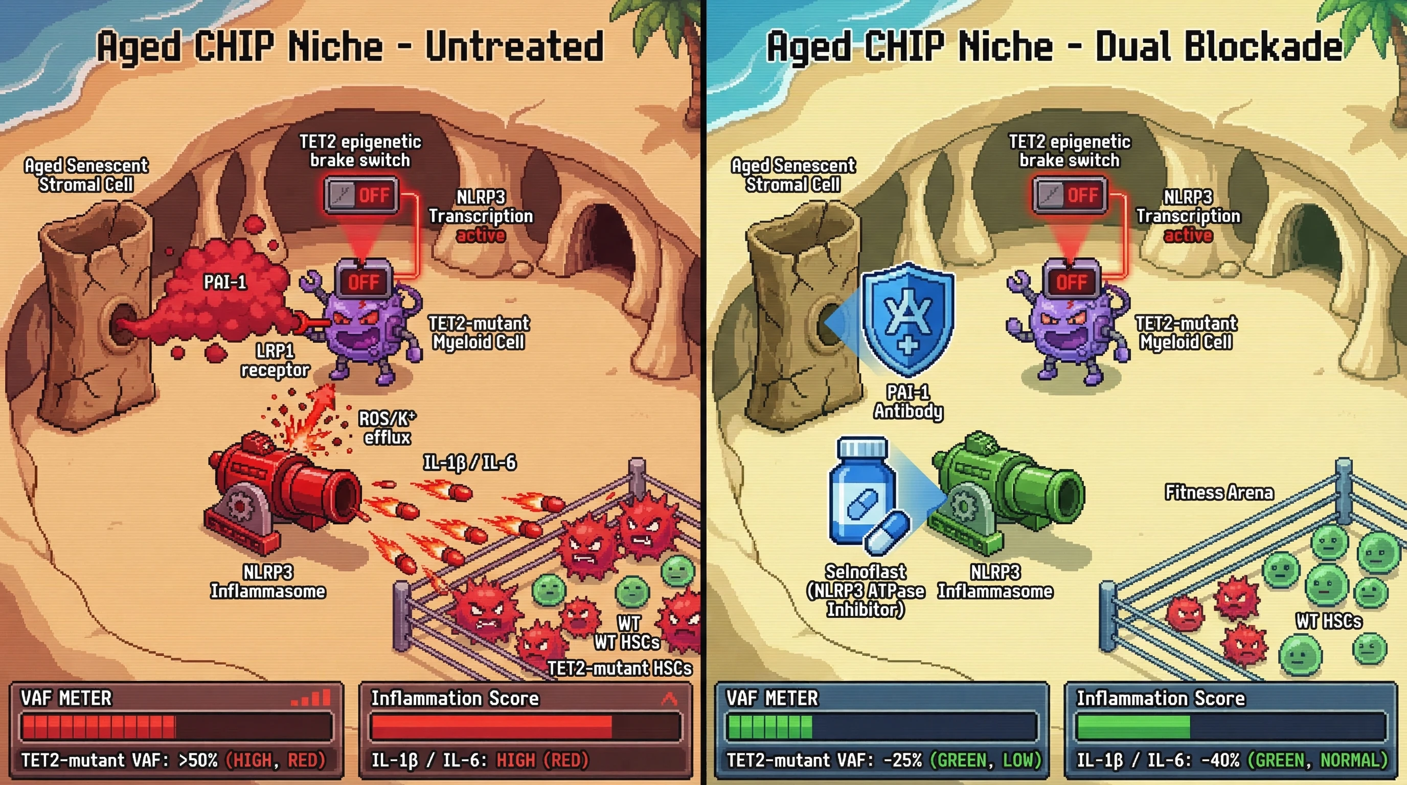 Infographic for: Dual blockade of NLRP3 (selnoflast) and PAI-1-mediated senescent-stromal co-priming dismantles the inflammatory fitne...