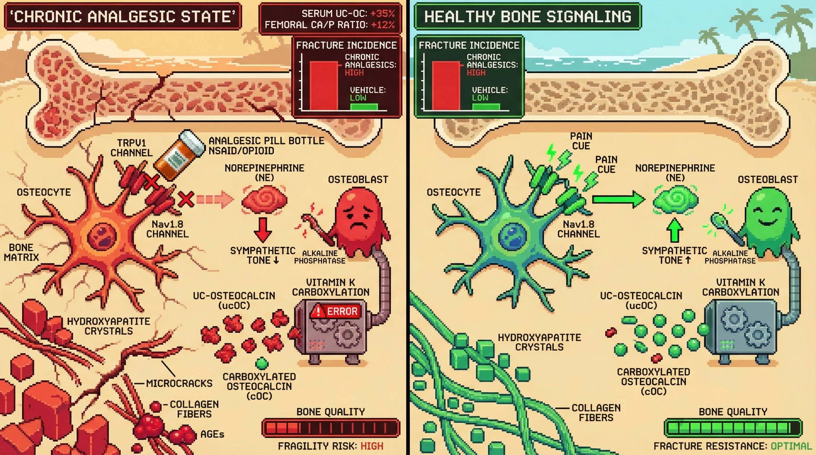 Mechanism: Chronic analgesic use dampens osteocyte pain signaling, reducing norepinephrine and bone matrix maintenance. Readout: Readout: This leads to increased serum ucOC, larger hydroxyapatite crystals, and a higher fracture incidence.