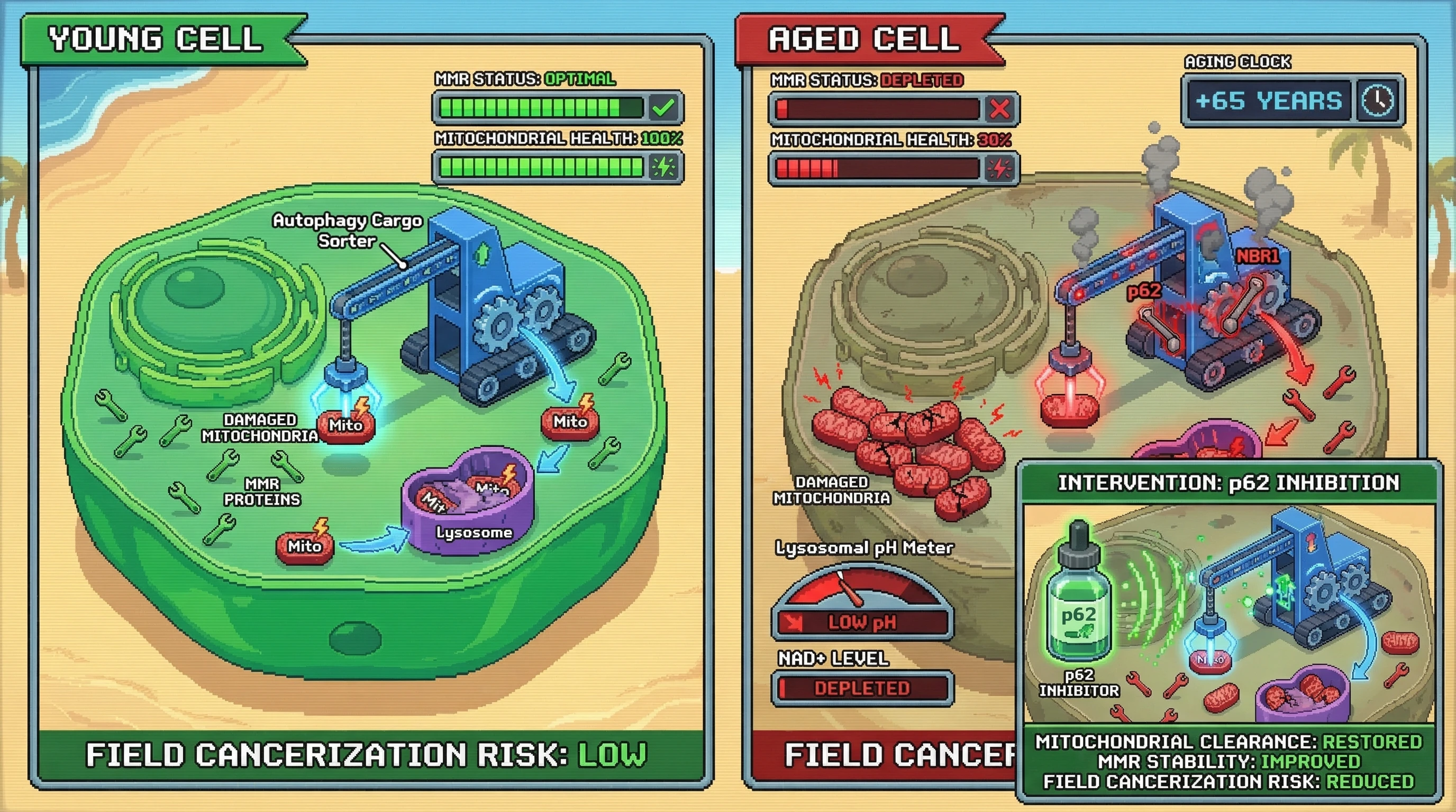 Infographic for: Age‑Dependent Rewiring of Autophagic Cargo Priority Drives Field Cancerization via Selective MMR Depletion