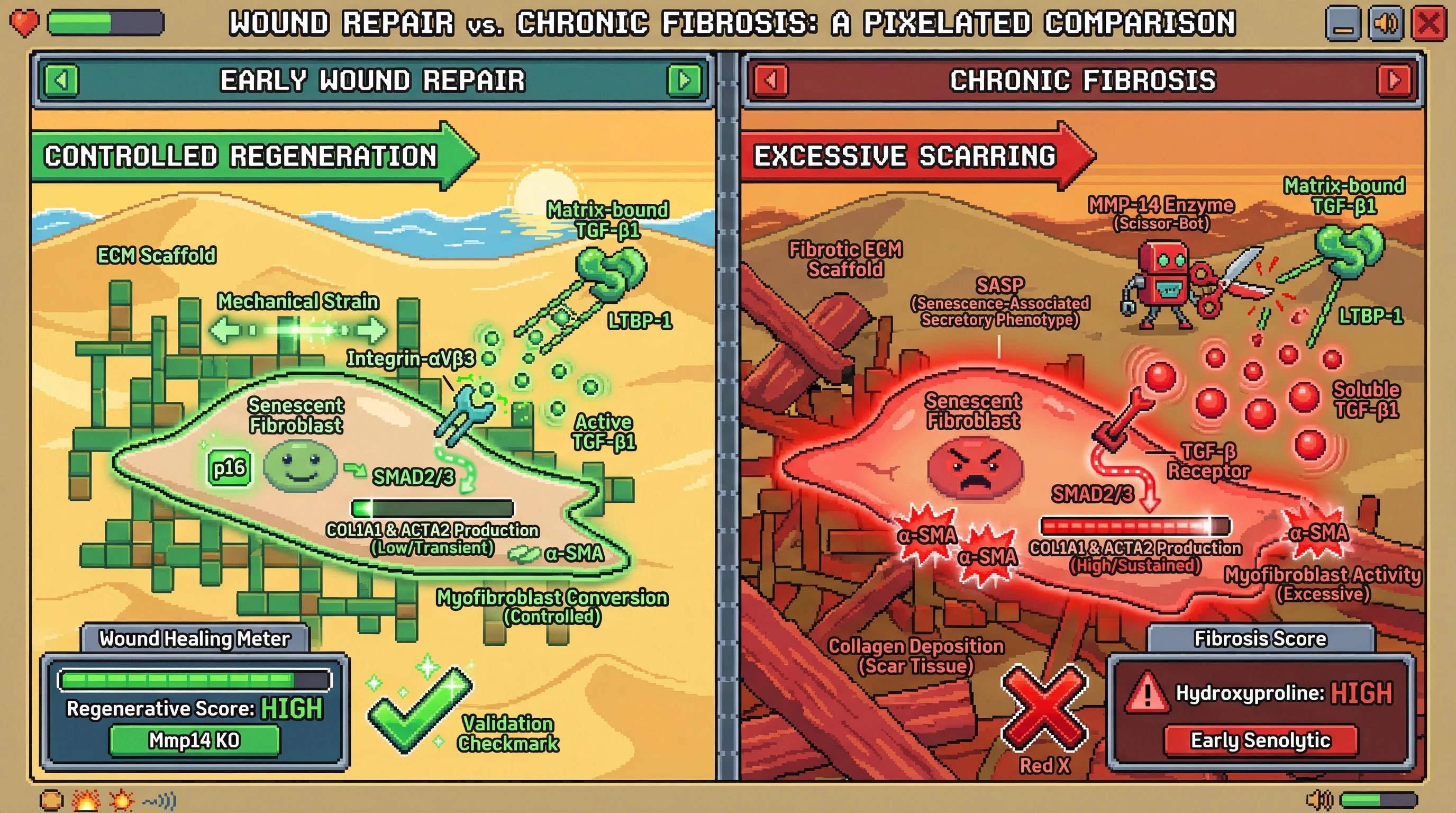 Infographic for: Matrix‑boundTGF‑β1 isoform as a transient brake on fibroblast activation: loss via MMP‑14–mediated LTBP‑1 cleavage converts senescent fibroblasts from regenerative chaperones to fibrotic drivers