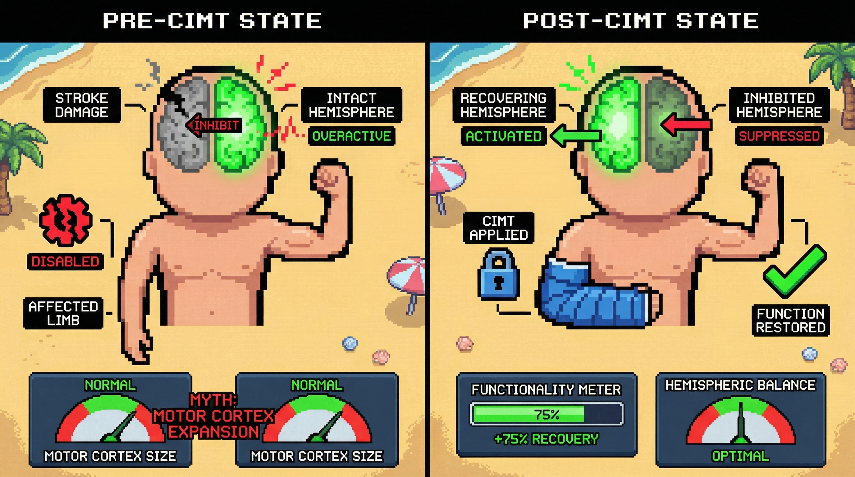 Infographic for: Constraint-induced movement therapy forces the brain to rewire—but the mechanism is not motor cortex expansion