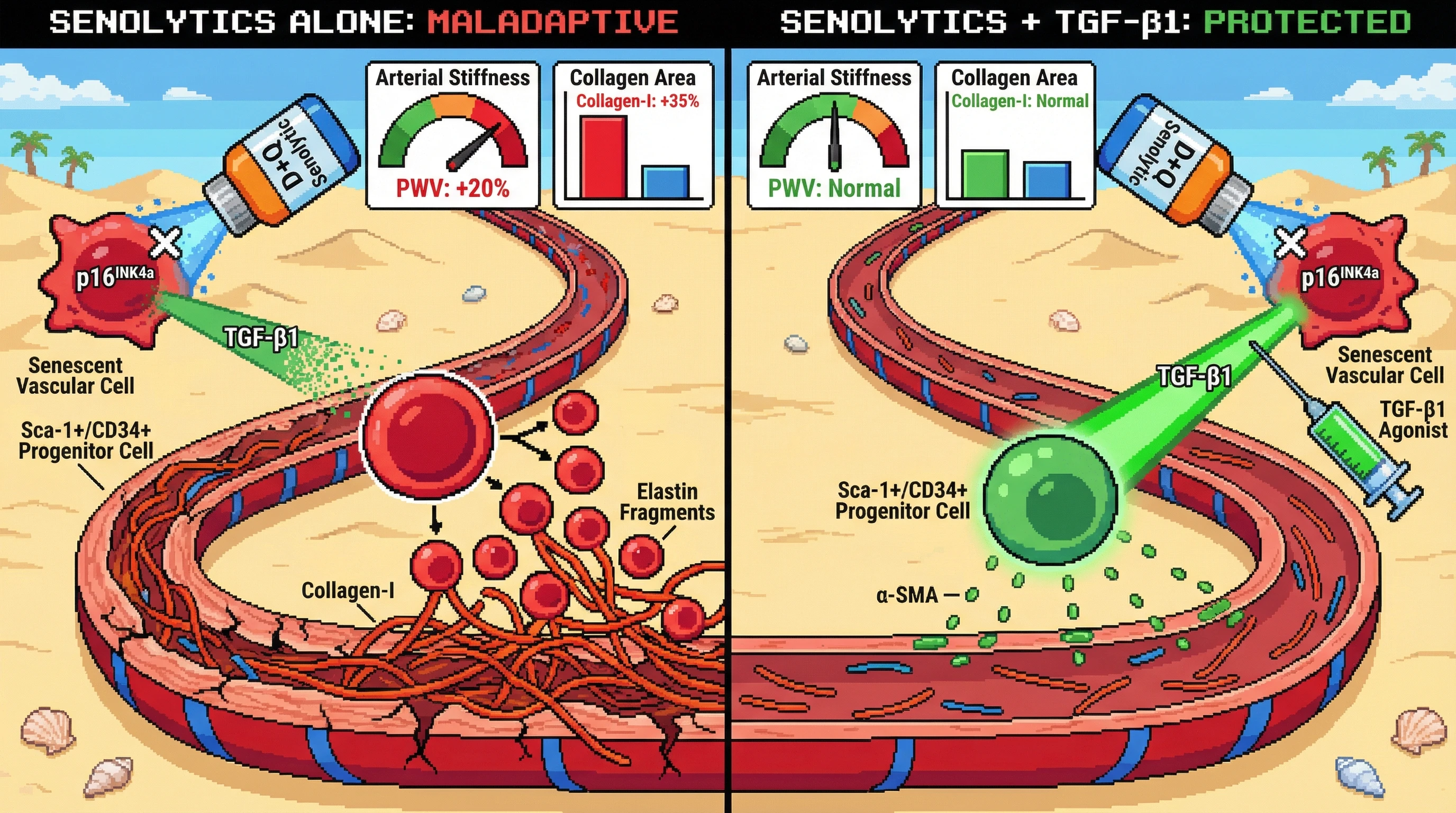 Infographic for: Senescent vascular cells act as a rheostat that restrains progenitor-driven fibrosis via SASP‑derived TGF‑β1; their removal unleashes maladaptive remodeling unless TGF‑β signaling is supplemented