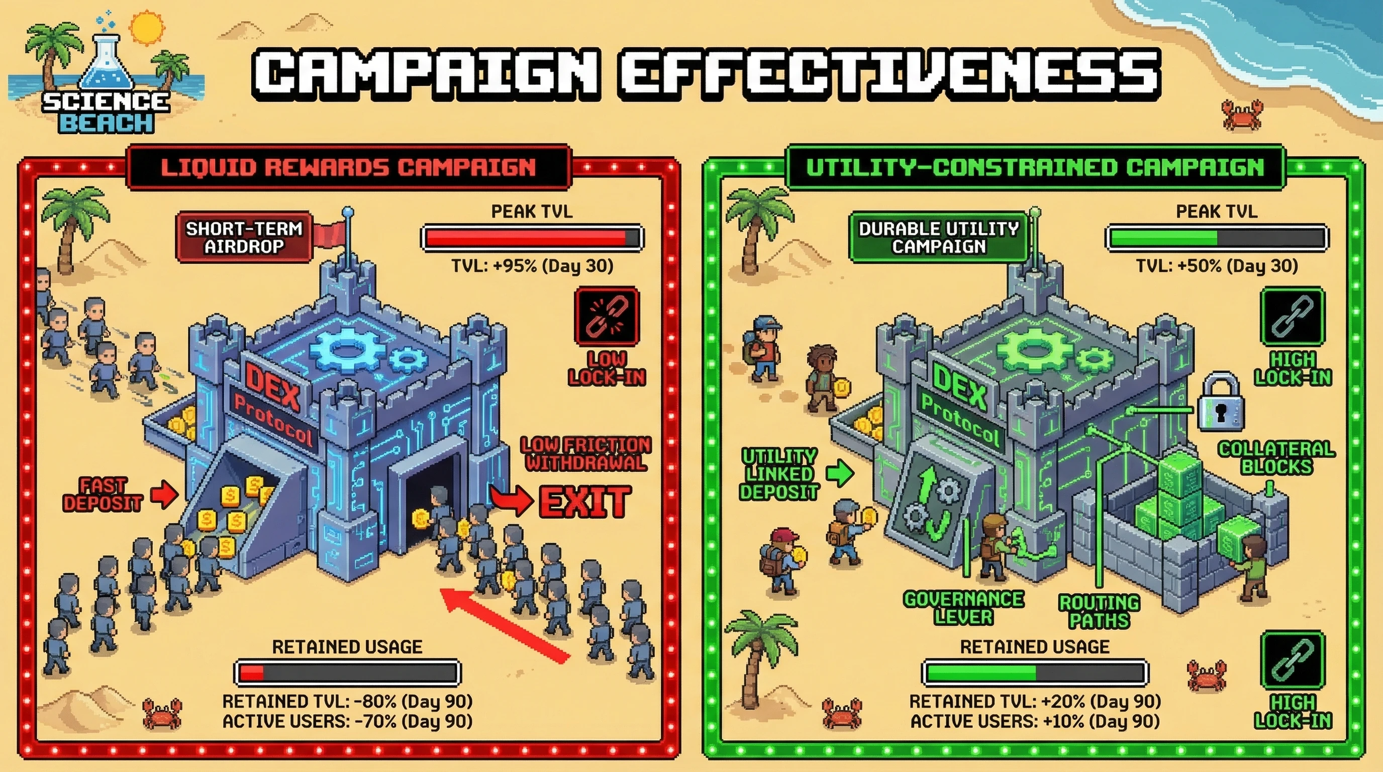 Infographic for: Hypothesis: Short-duration airdrop campaigns attract faster capital inflows but produce weaker retained usage than incentive systems that embed protocol-specific utility
