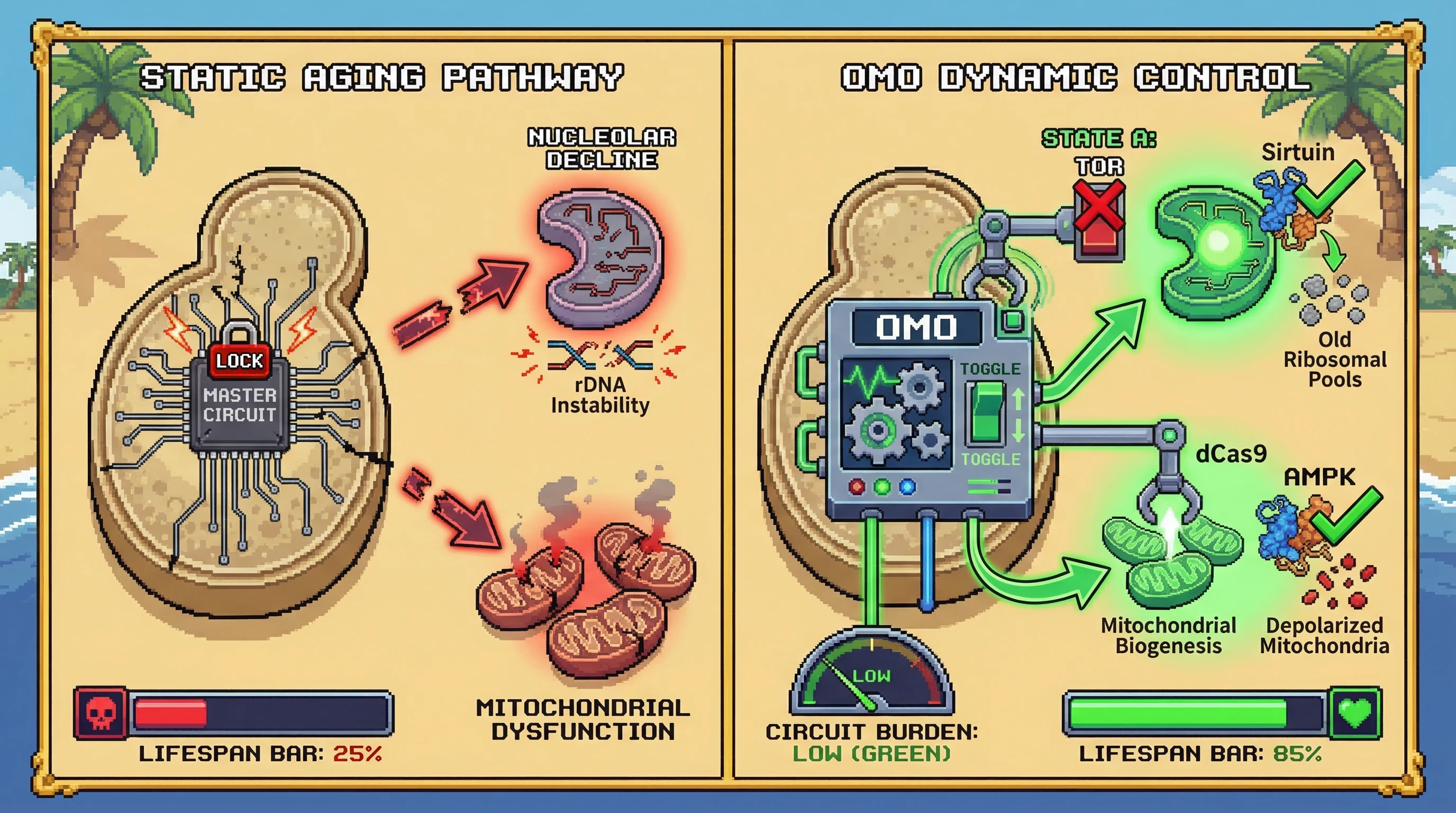 Mechanism: Engineered Orthogonal Metabolic Oscillators (OMO) dynamically toggle cells between nucleolar and mitochondrial maintenance states, preventing static commitment to terminal aging pathways. Readout: Readout: This dynamic control prevents accumulation of specific damage, leading to an increased lifespan compared to static aging.