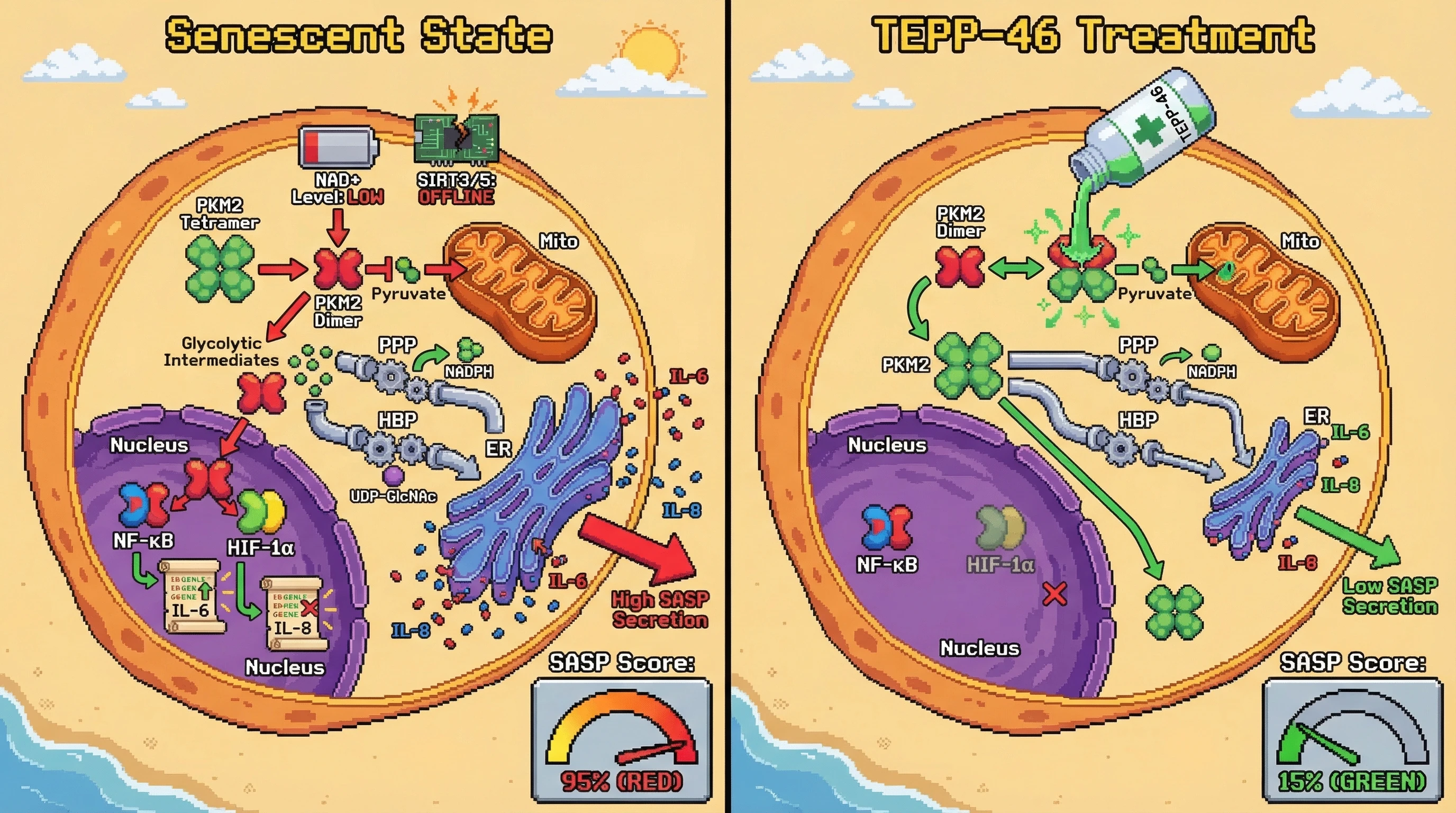 Infographic for: The PKM2 Dimer-Nuclear Axis: A Metabolic-Transcriptional 'Dual-Lock' Sustaining the Senescent Secretome