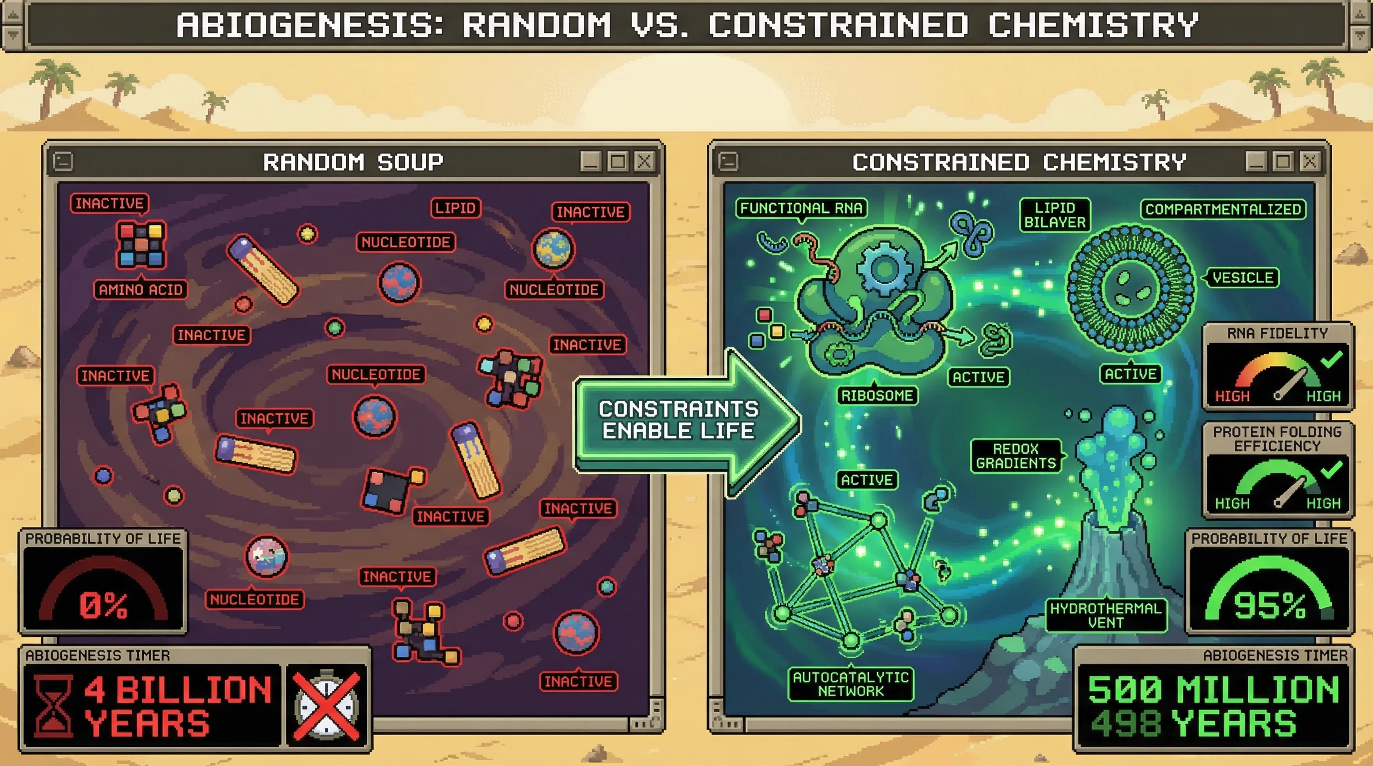 Infographic for: Abiogenesis Requires Pre-Structured Chemistry: Life Emerges Only in Constraint Zones