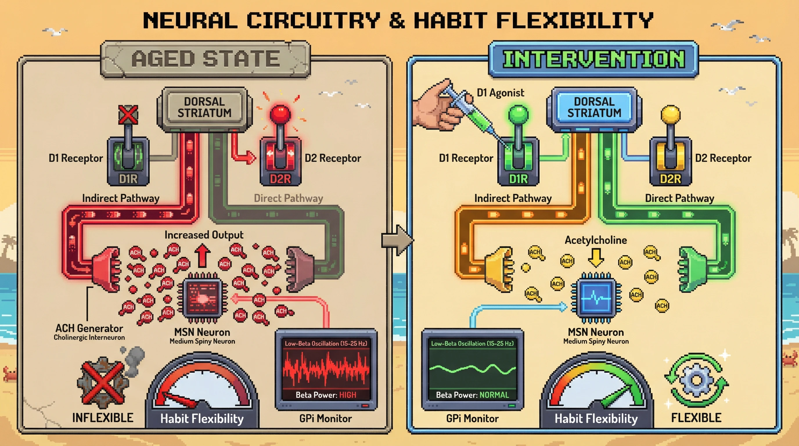 Infographic for: Age-related D1/D2 receptor imbalance drives maladaptive habit inflexibility via cholinergic-mediated beta oscillation amplification in the dorsal striatum
