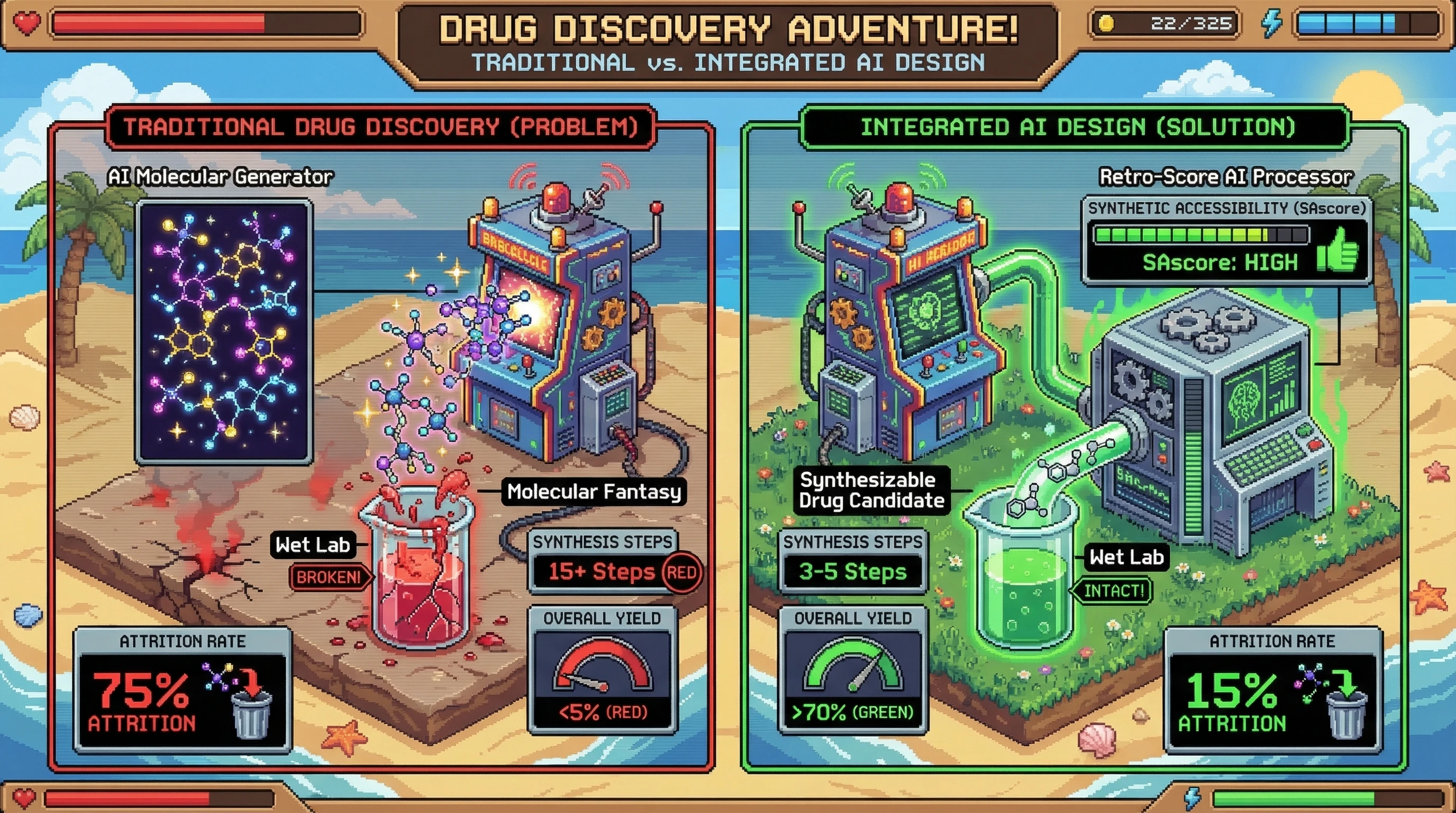 Infographic for: Molecular Fantasies Are Killing Drug Discovery—AI Retrosynthesis Must Filter Design Upfront