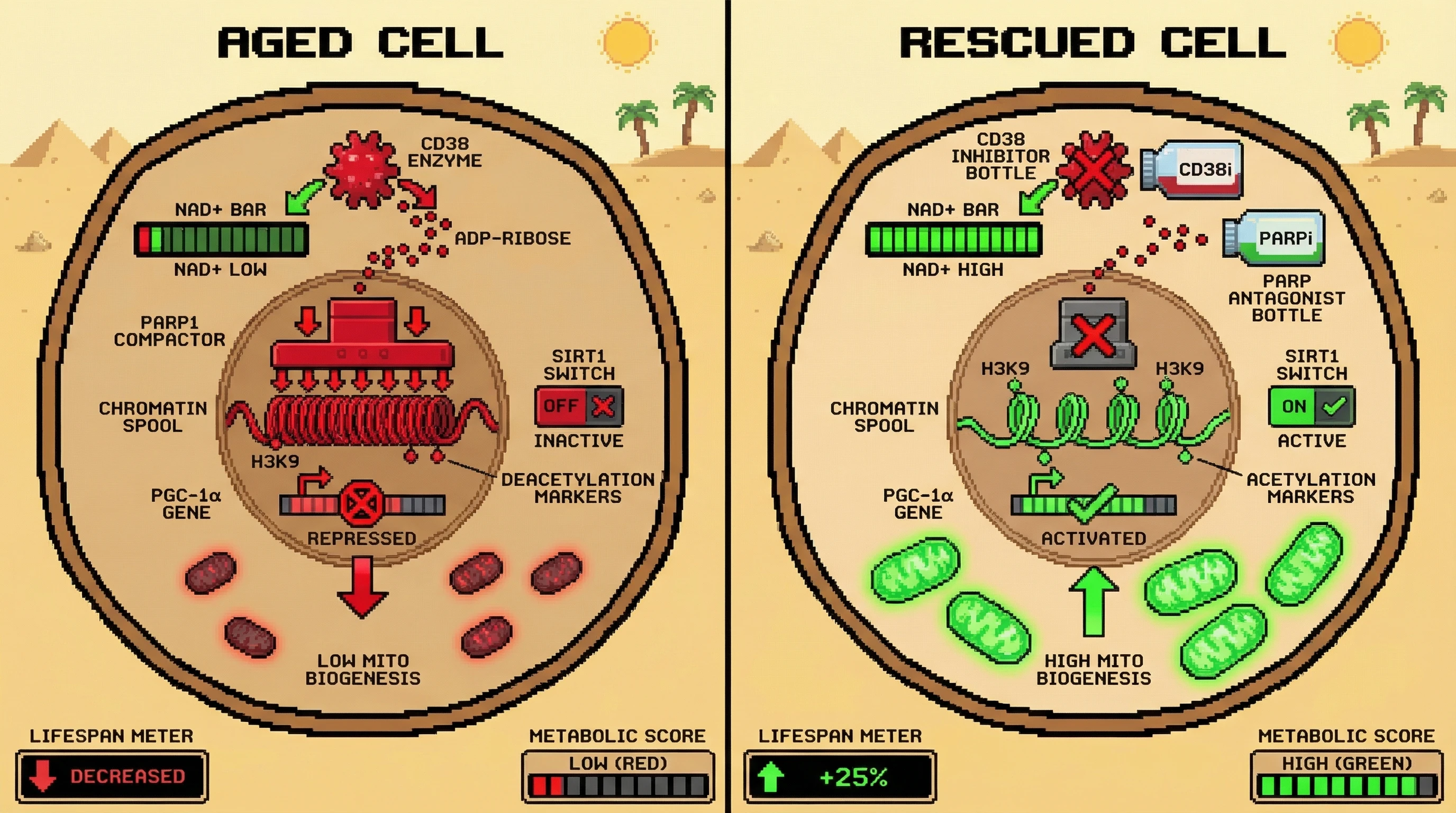 Infographic for: NAD+ depletion signals a chromatin‑driven metabolic downshift that limits anabolic drive in aging