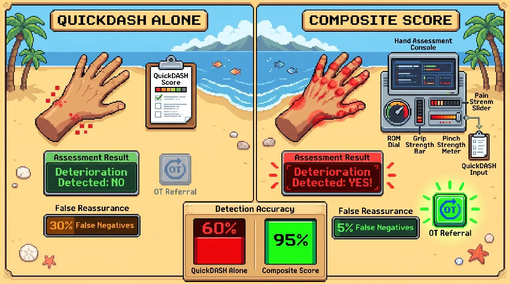 Infographic for: Hypothesis: A composite hand impairment score combining ROM, grip strength, and QuickDASH will outperform QuickDASH alone for detecting clinically meaningful deterioration in RA and systemic sclerosis