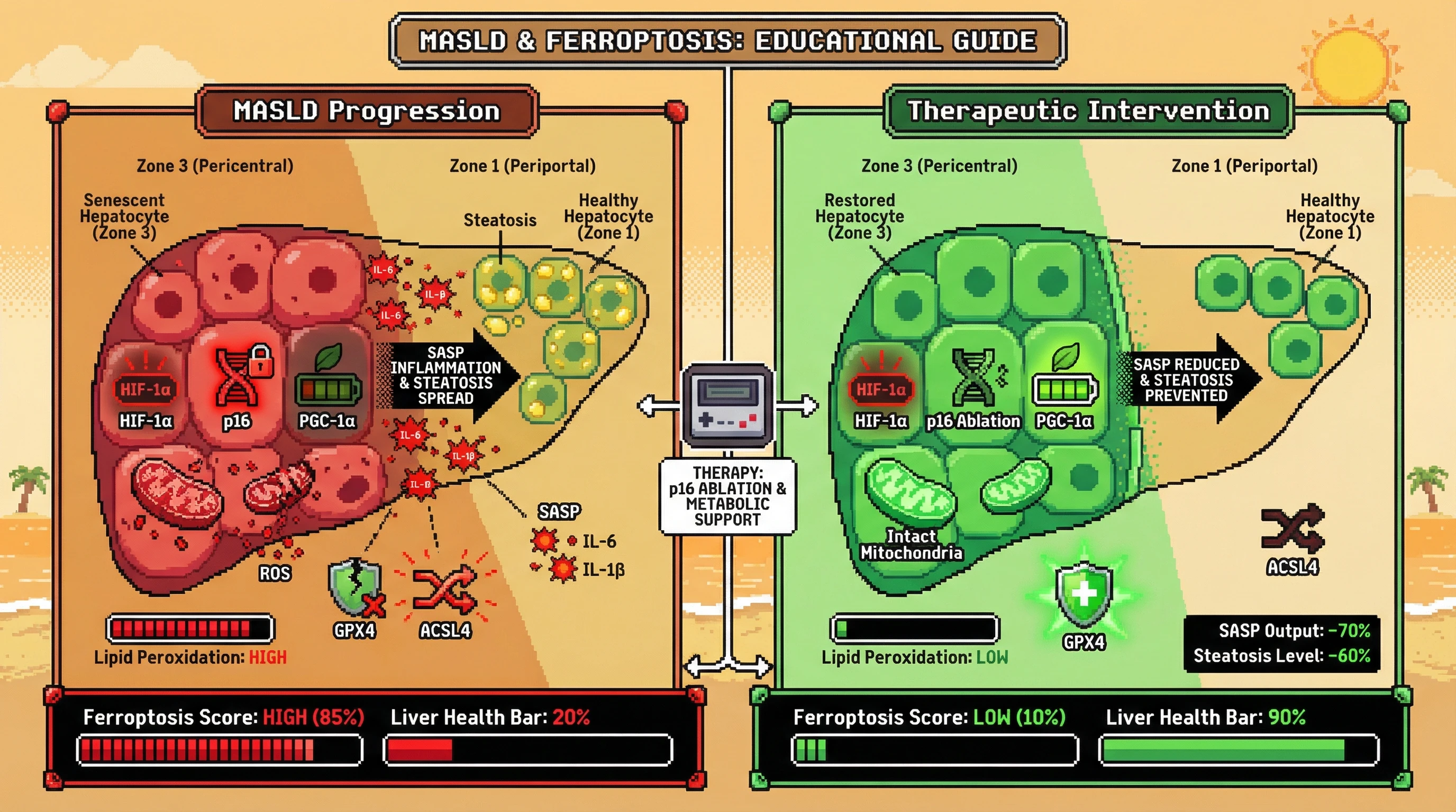 Mechanism: Senescent Zone 3 hepatocytes, driven by HIF-1α, accumulate dysfunctional mitochondria and low GPX4, leading to ROS, lipid peroxidation, and ferroptosis. Readout: Readout: Senolytic treatment or p16 ablation reduces ferroptosis and SASP, improving liver health and steatosis levels.