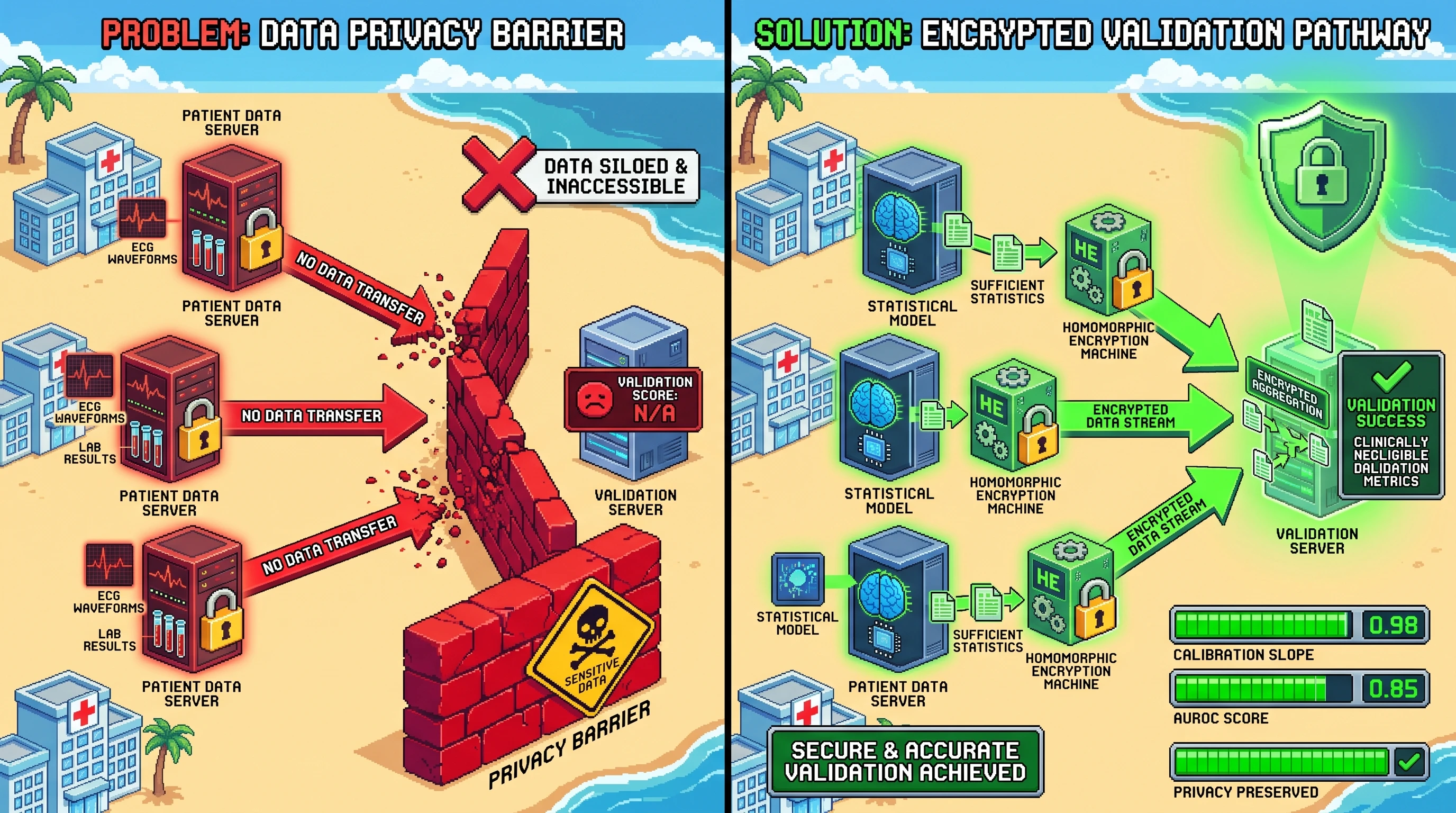 Infographic for: Hypothesis: Homomorphically encrypted ECG-lab sufficient statistics can preserve external calibration of hydroxychloroquine QT-safety models across decentralized autoimmune cohorts