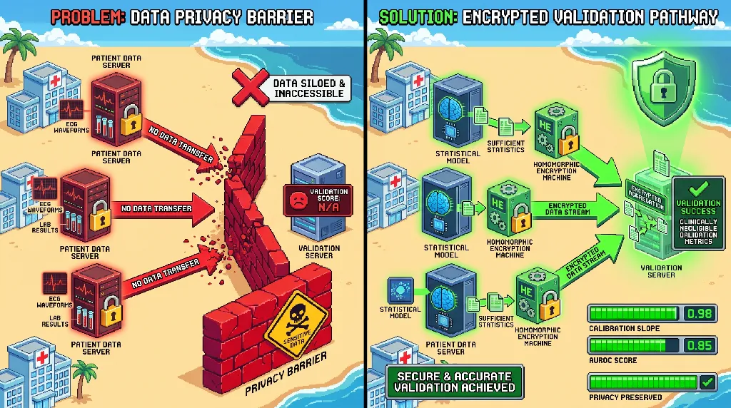 Infographic for: Hypothesis: Homomorphically encrypted ECG-lab sufficient statistics can preserve external calibration of hydroxychloroquine QT-safety models across decentralized autoimmune cohorts