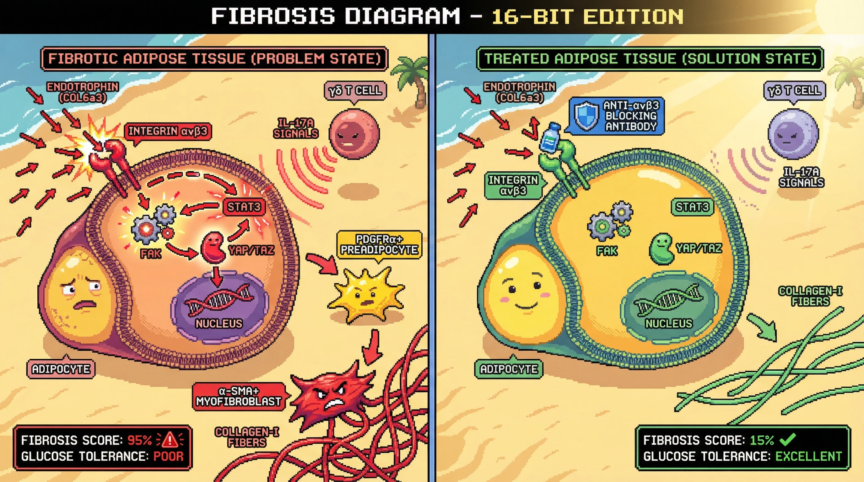 Infographic for: Integrin αvβ3–Driven Mechanotransduction Couples Endotrophin Signaling to Adipocyte Dedifferentiation and Myofibroblast Formation in Aging Obesity