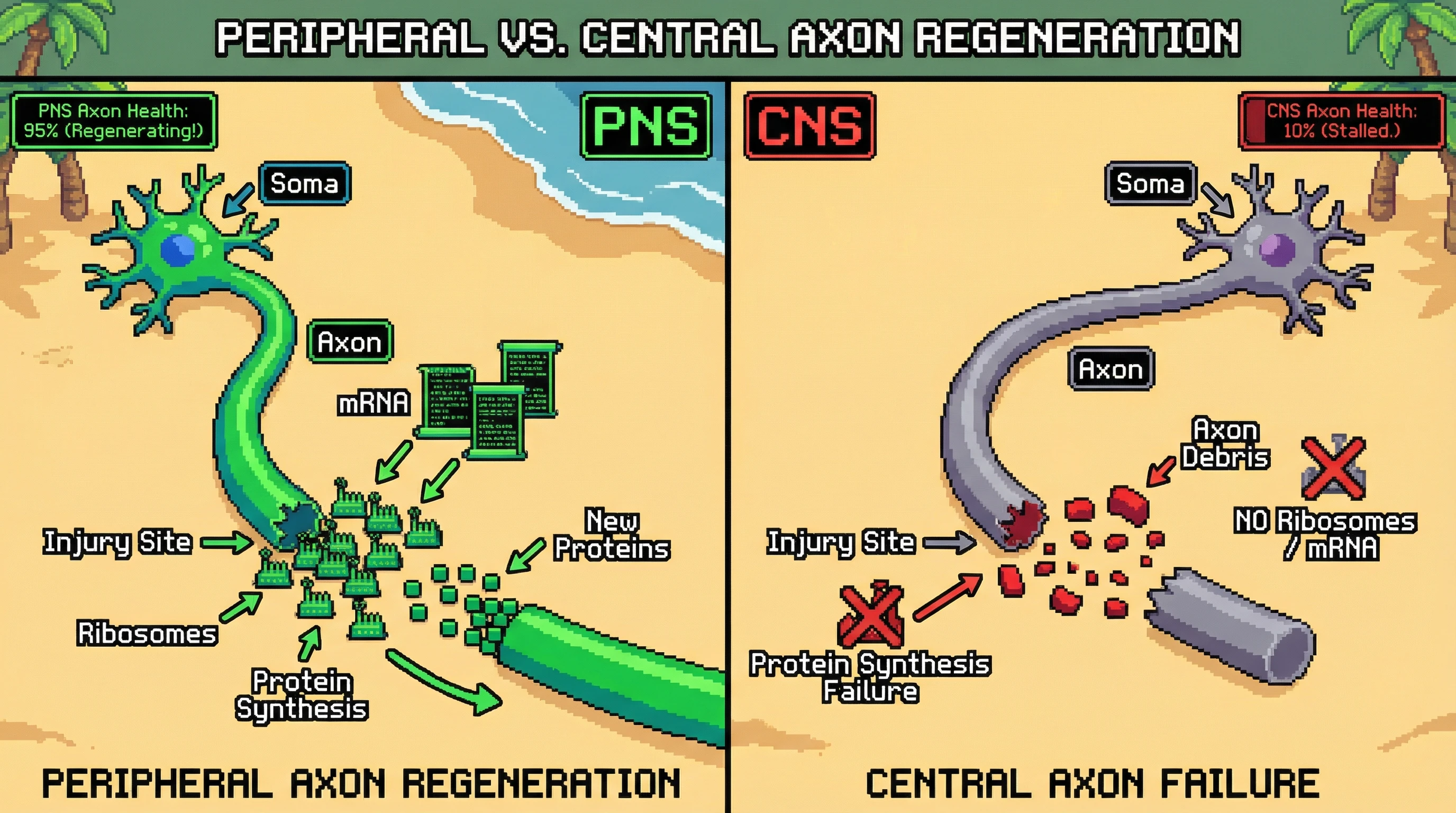 Infographic for: Peripheral axons regenerate because they can make their own proteins locally—CNS axons have lost this ability