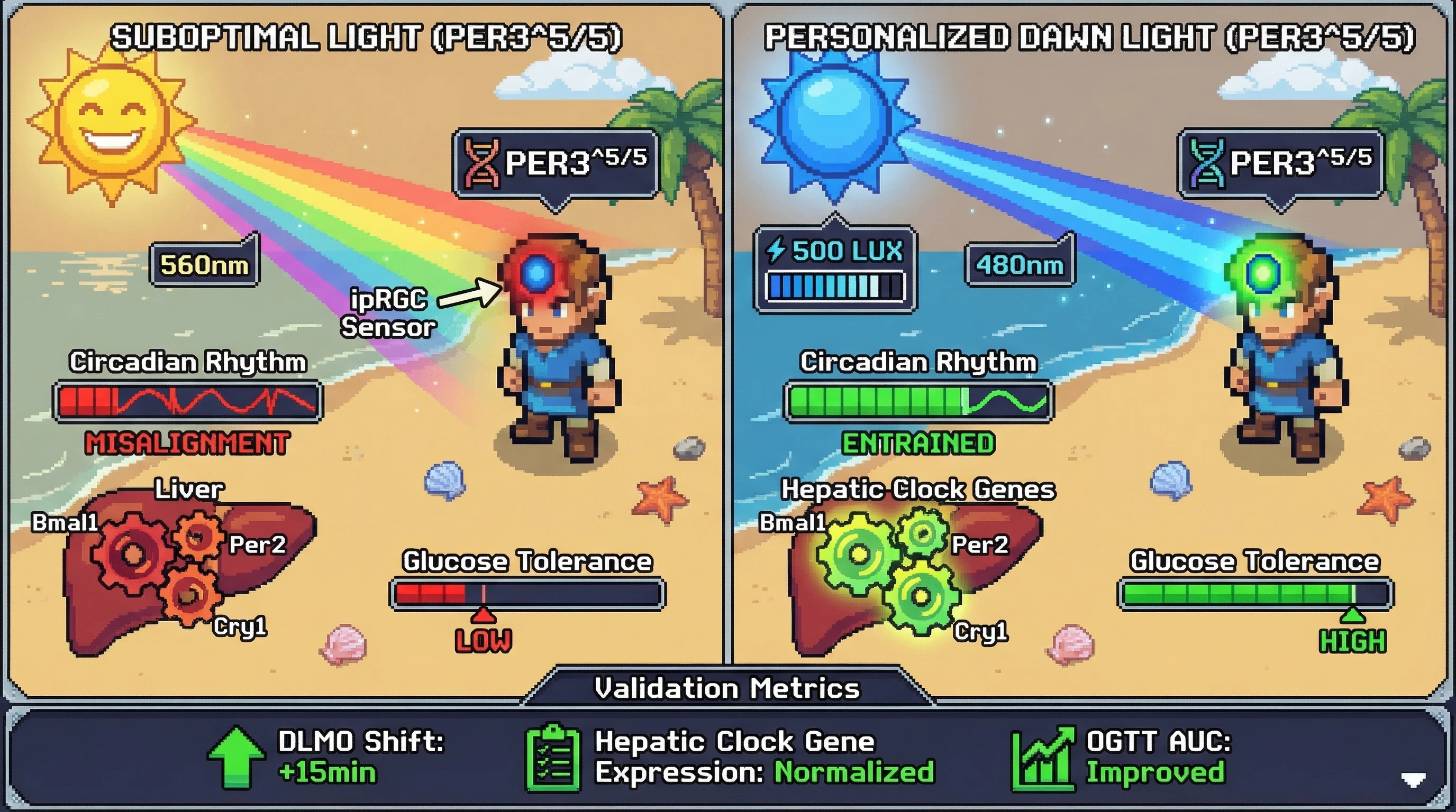 Infographic for: Personalized Dawn Light Therapy Based on PER3 Polymorphism Enhances Metabolic Health via ipRGC-Melanopsin Convergence on Hepatic Clock Genes