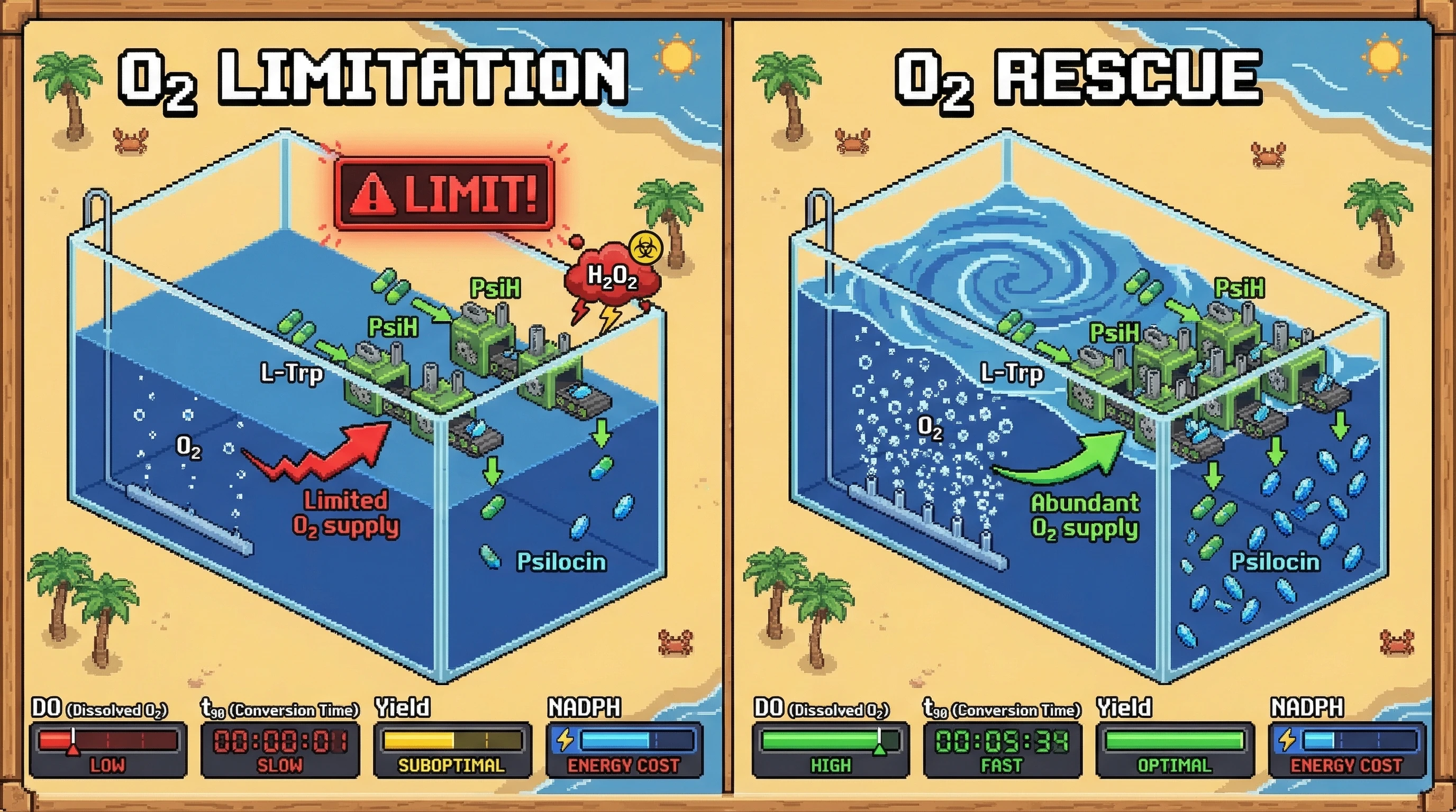 Infographic for: Hypothesis: Oxygen Transfer Becomes Rate-Limiting in Cell-Free Psilocin Biosynthesis Above PsiH Flux Threshold
