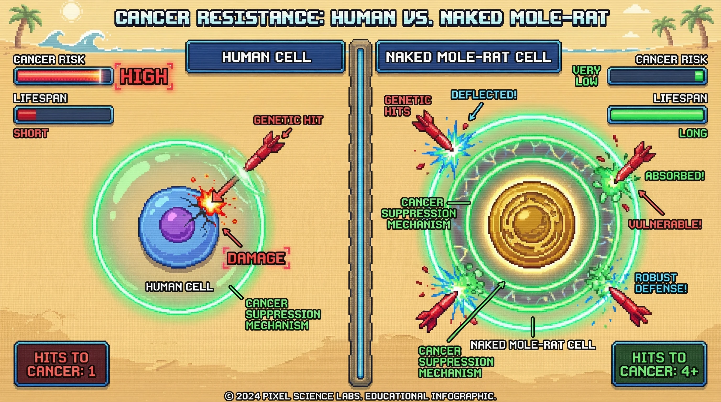 Mechanism: Human cells possess a single primary cancer suppression mechanism, making them vulnerable to a single genetic hit. Readout: Readout: Naked mole-rat cells feature multiple redundant cancer suppression mechanisms, requiring 4+ genetic hits for cancer, resulting in very low cancer risk and a significantly longer lifespan.