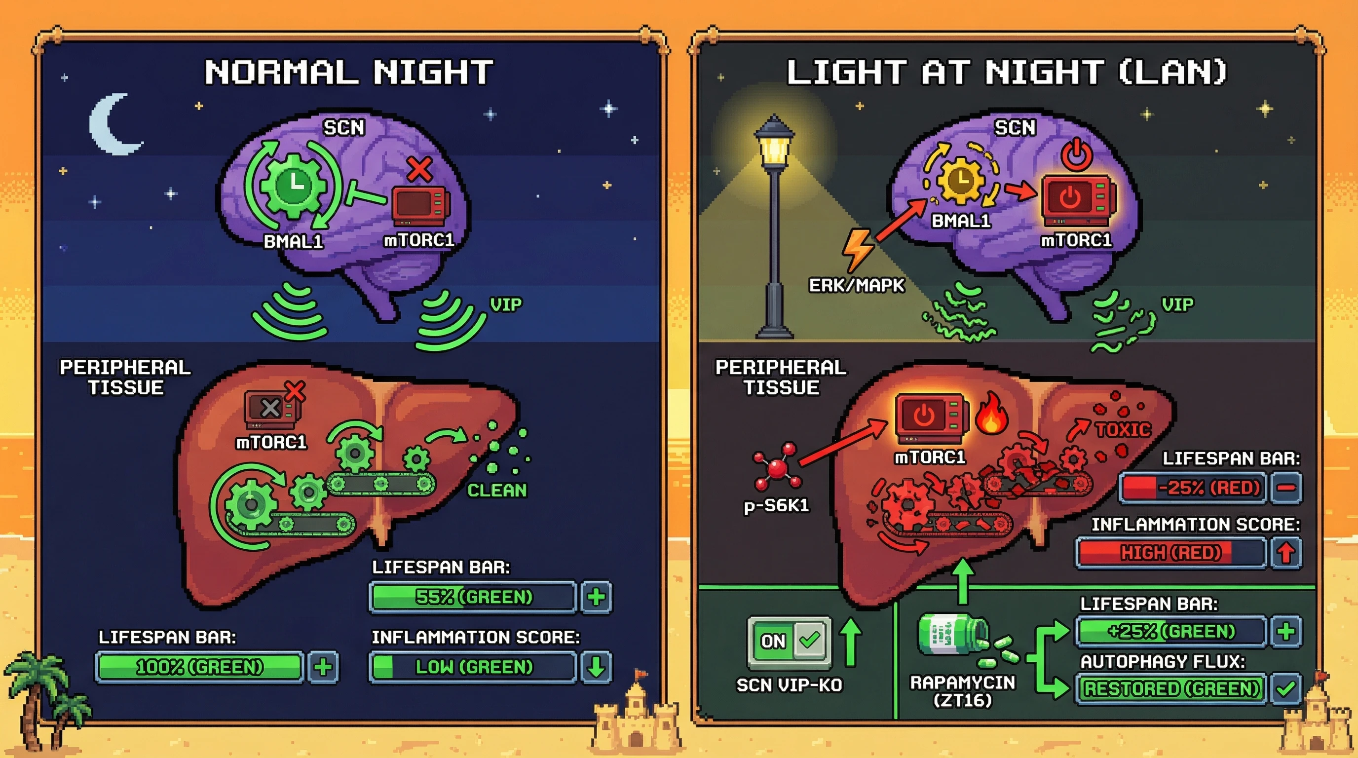 Mechanism: Light at night desynchronizes the SCN's BMAL1-mTOR rhythm, leading to arrhythmic VIP release and persistent peripheral mTORC1 activation. Readout: Readout: This process causes increased p-S6K1 levels, suppressed autophagy, elevated inflammation, and a significant reduction in lifespan, which can be rescued by SCN VIP ablation or timed rapamycin.