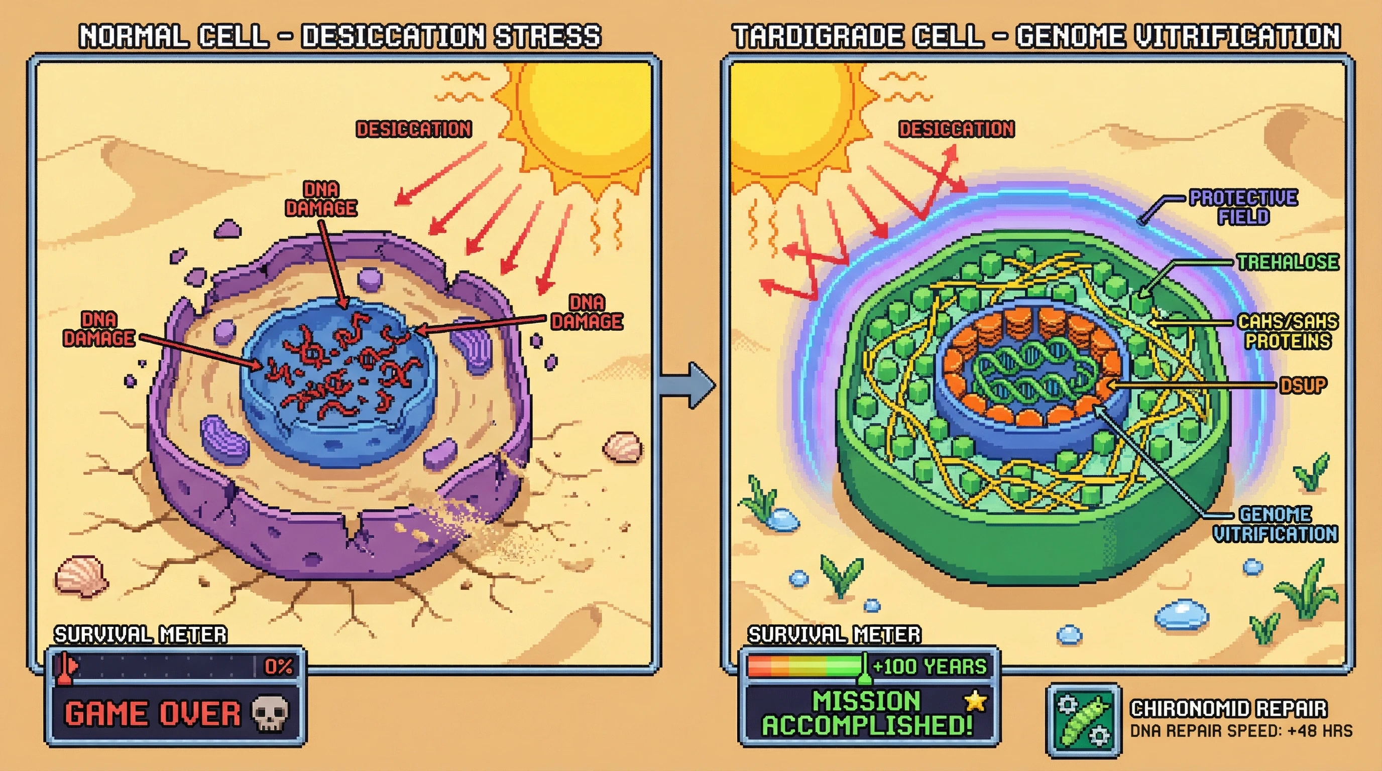 Infographic for: Extreme metabolic arrest requires genome vitrification—trehalose, CAHS/SAHS proteins, and Dsup chromatin condensation protect DNA across anhydrobiotic species