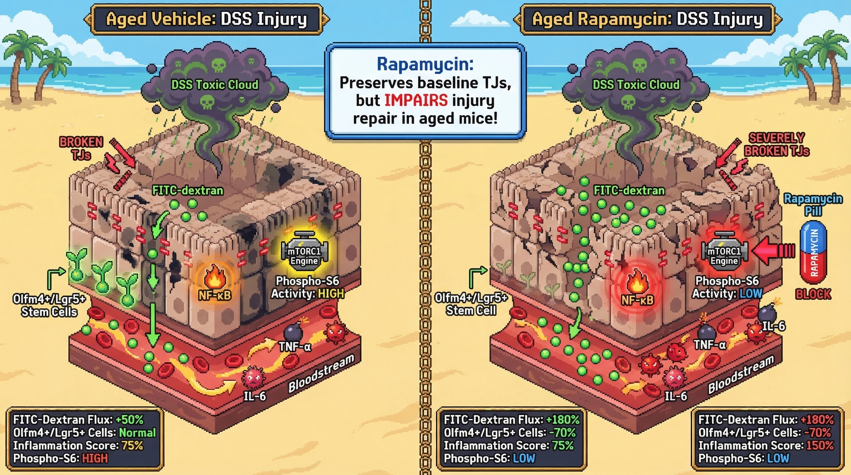 Mechanism: Chronic rapamycin treatment inhibits mTORC1, which preserves baseline tight junction integrity but severely impairs the regenerative response to epithelial injury in aged mice. Readout: Readout: Post-injury, rapamycin-treated aged mice show significantly increased FITC-dextran flux and elevated inflammatory markers (LPS, TNF-α, IL-6), alongside reduced Olfm4+/Lgr5+ stem cells and diminished phospho-S6.