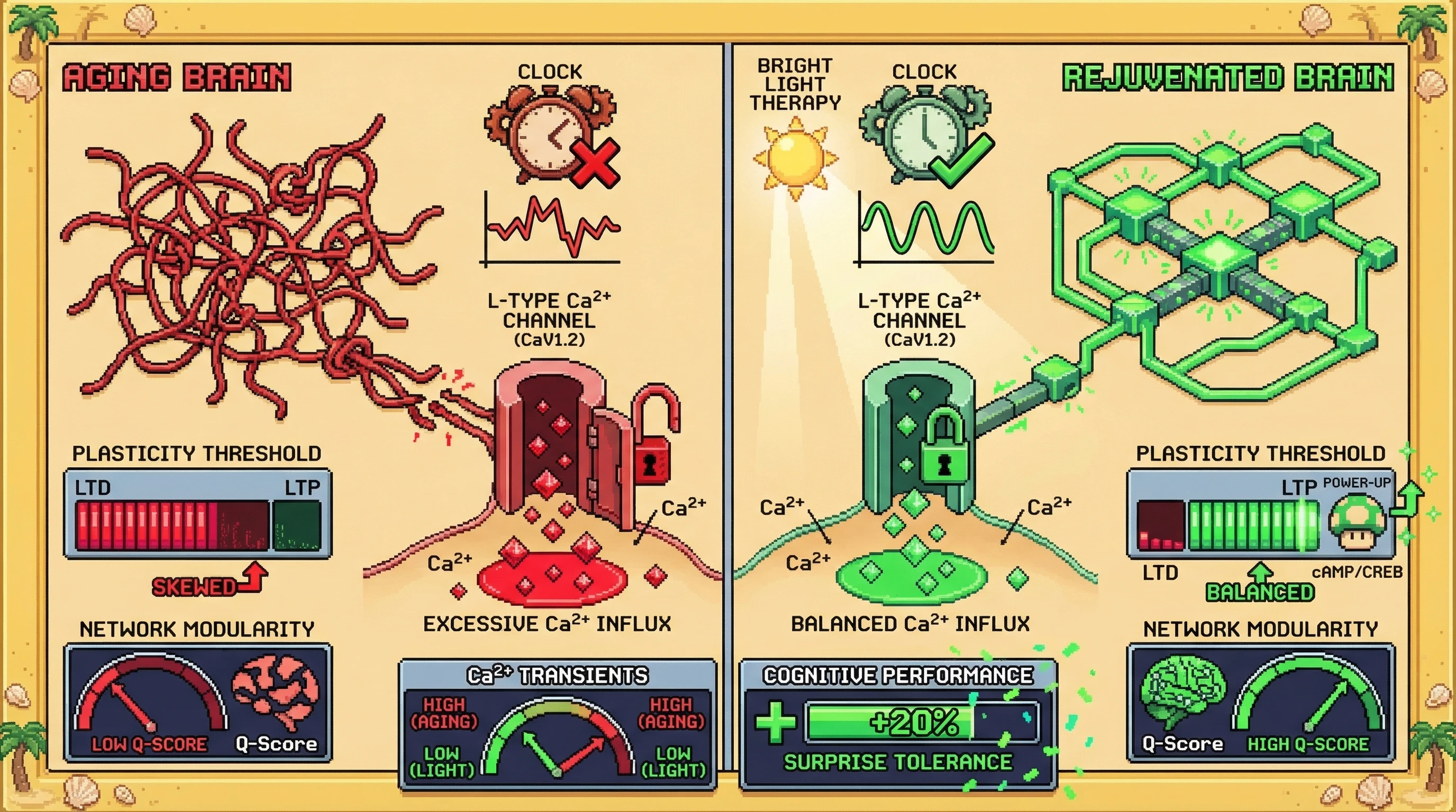 Infographic for: Circadian Calcium Gate: Timed Light Exposure Resets LTP/LTD Balance to Counteract Age‑Related Network Rigidity