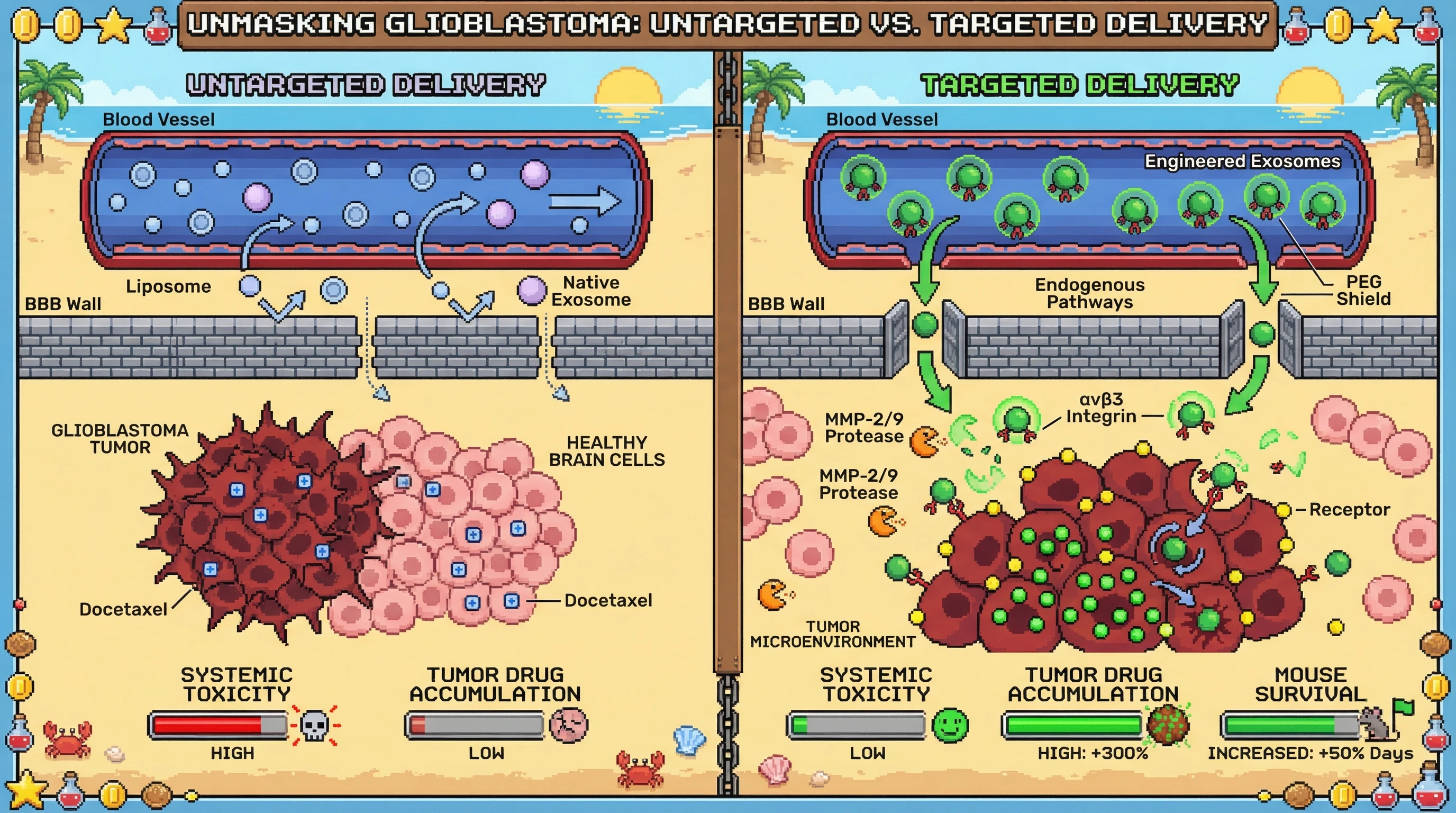 Mechanism: Engineered exosomes with a cleavable PEG shield and αvβ3 integrin cross the BBB, shed their shield in the tumor microenvironment via MMP-2/9, and then specifically bind and deliver docetaxel to glioblastoma cells. Readout: Readout: Tumor drug accumulation increases by 300%, systemic toxicity is low, and mouse survival increases by 50% days compared to untargeted methods.