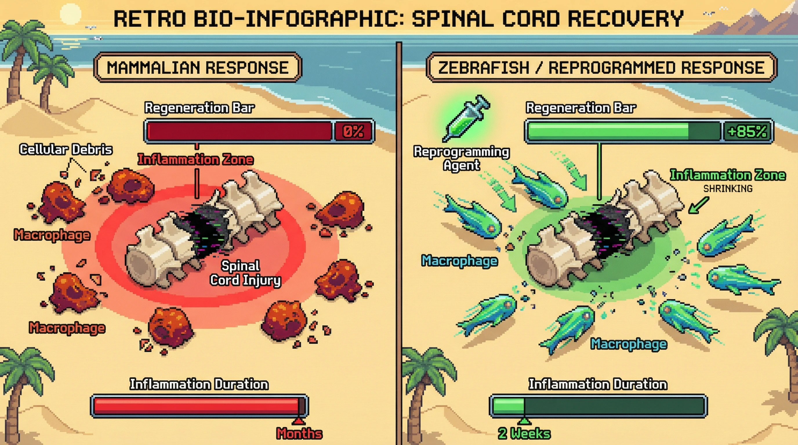 Infographic for: Zebrafish regenerate spinal cords because their immune response resolves—ours does not