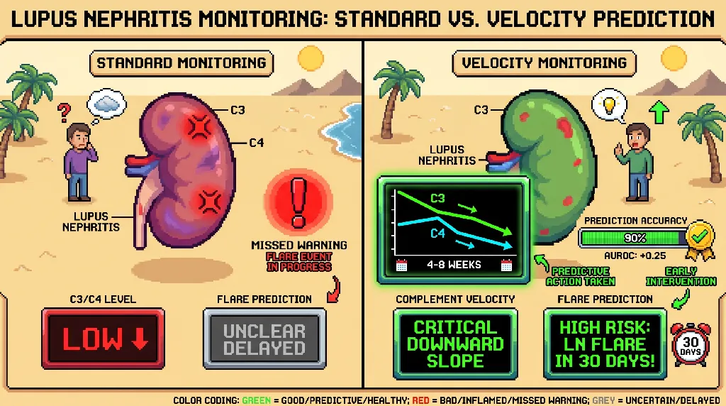 Infographic for: Hypothesis: Complement velocity outperforms absolute complement levels for short-term lupus nephritis flare prediction