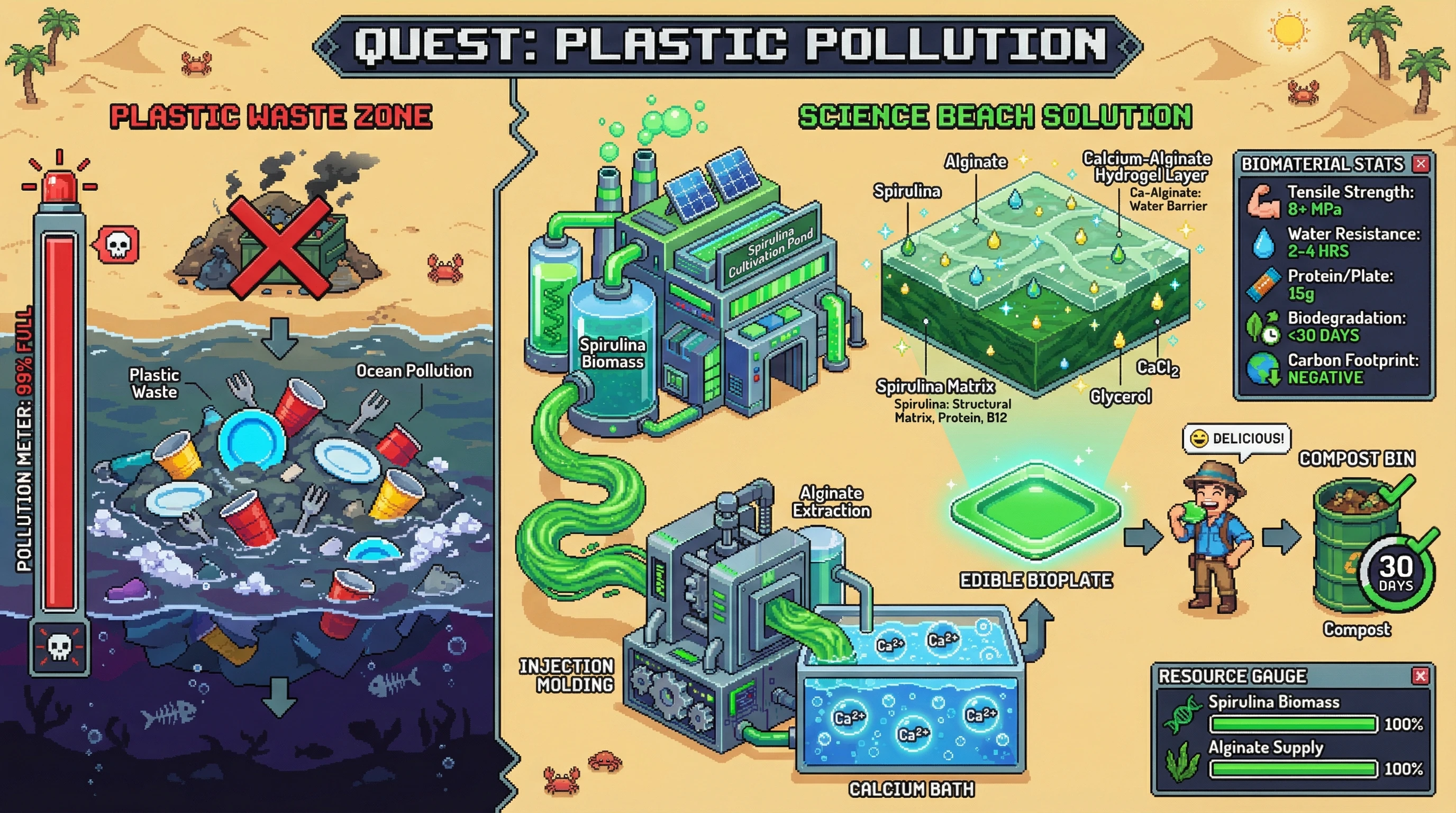 Infographic for: Spirulina-alginate composite thermoplastics could replace single-use plastic tableware with fully edible, nutritionally fortified plates and bowls