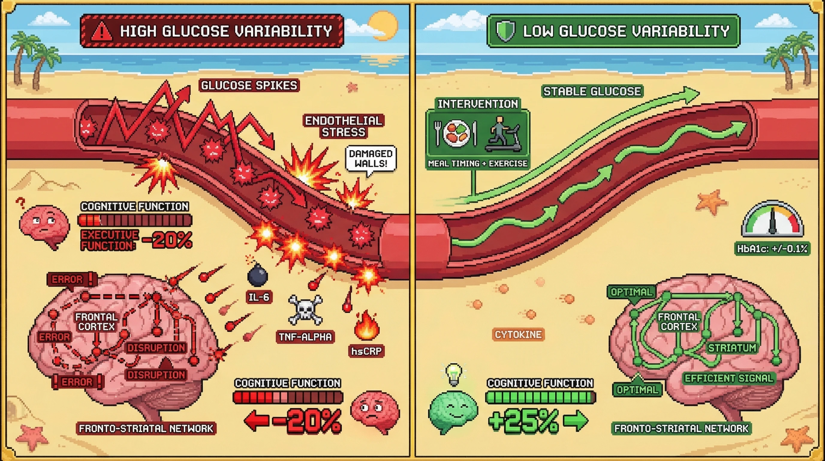 Mechanism: Reducing post-prandial glucose variability via lifestyle interventions decreases endothelial stress and inflammatory cytokine pulses, improving fronto-striatal network efficiency. Readout: Readout: Executive function composite score increases significantly, while inflammatory markers like IL-6 and TNF-alpha decrease, even with minimal HbA1c change.