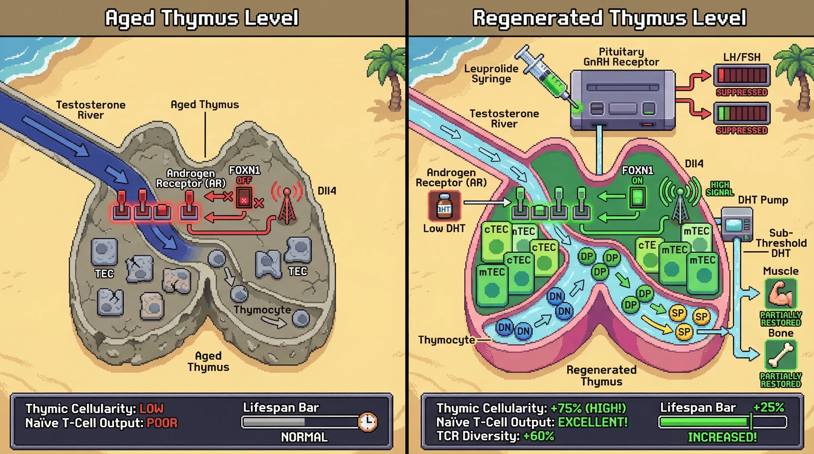 Infographic for: Cyclic chemical castration with leuprolide followed by sub-threshold DHT add-back exploits a putative thymic AR suppr...