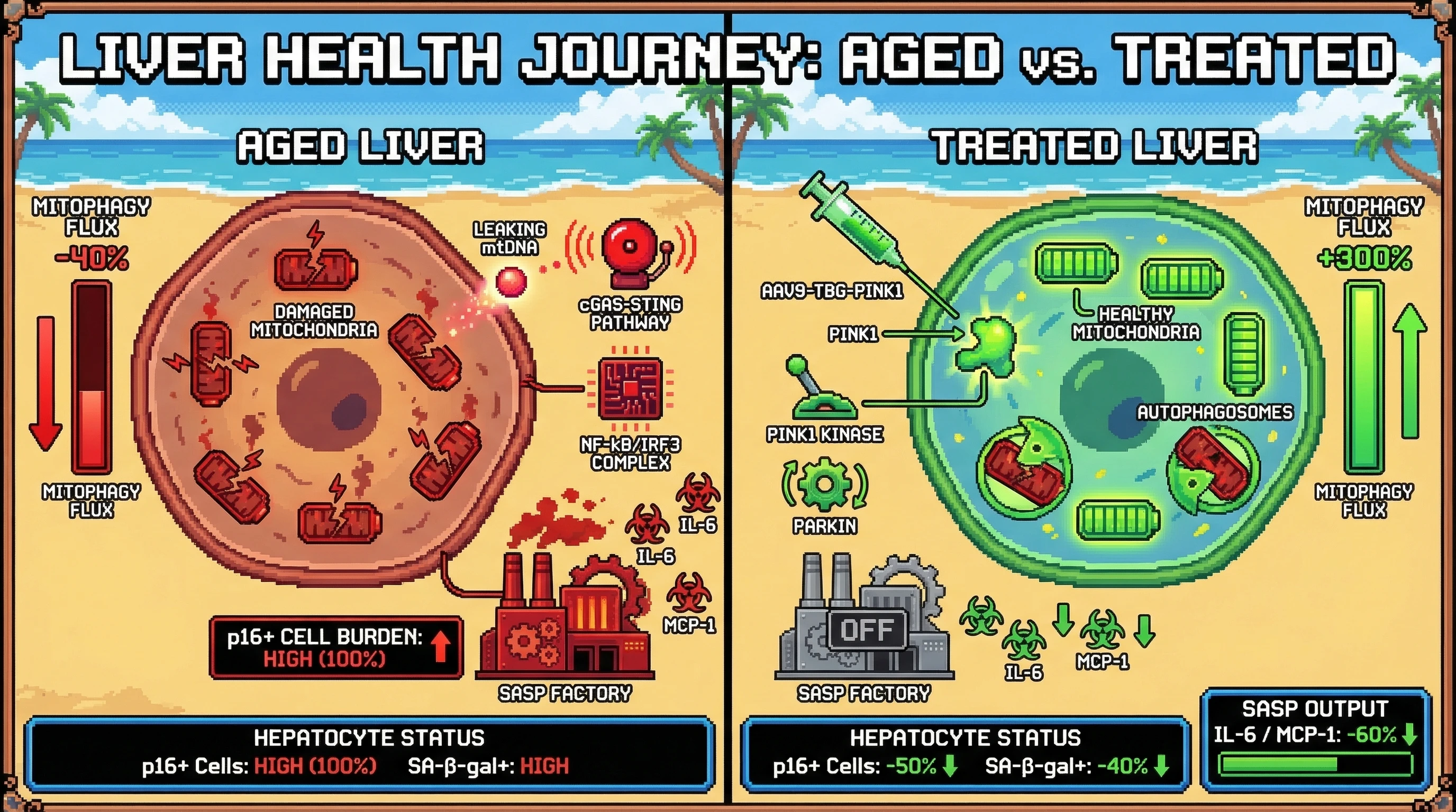 Infographic for: AAV9-liver-targeted PINK1 overexpression, administered before and flux-confirmed prior to dasatinib/quercetin senolys...
