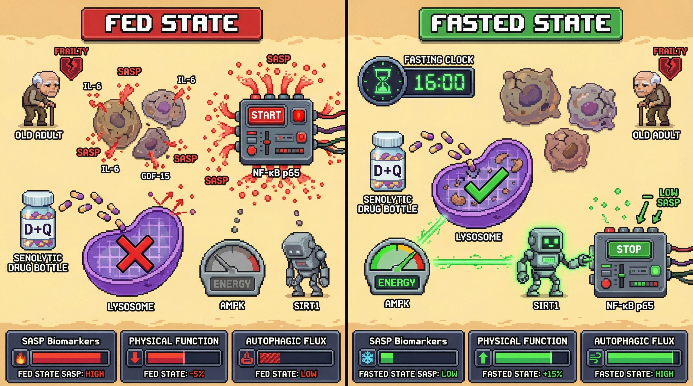 Infographic for: Fasting-Window Senolytic Dosing Amplifies SASP Clearance via AMPK‑SIRT1‑NF‑κB Crosstalk