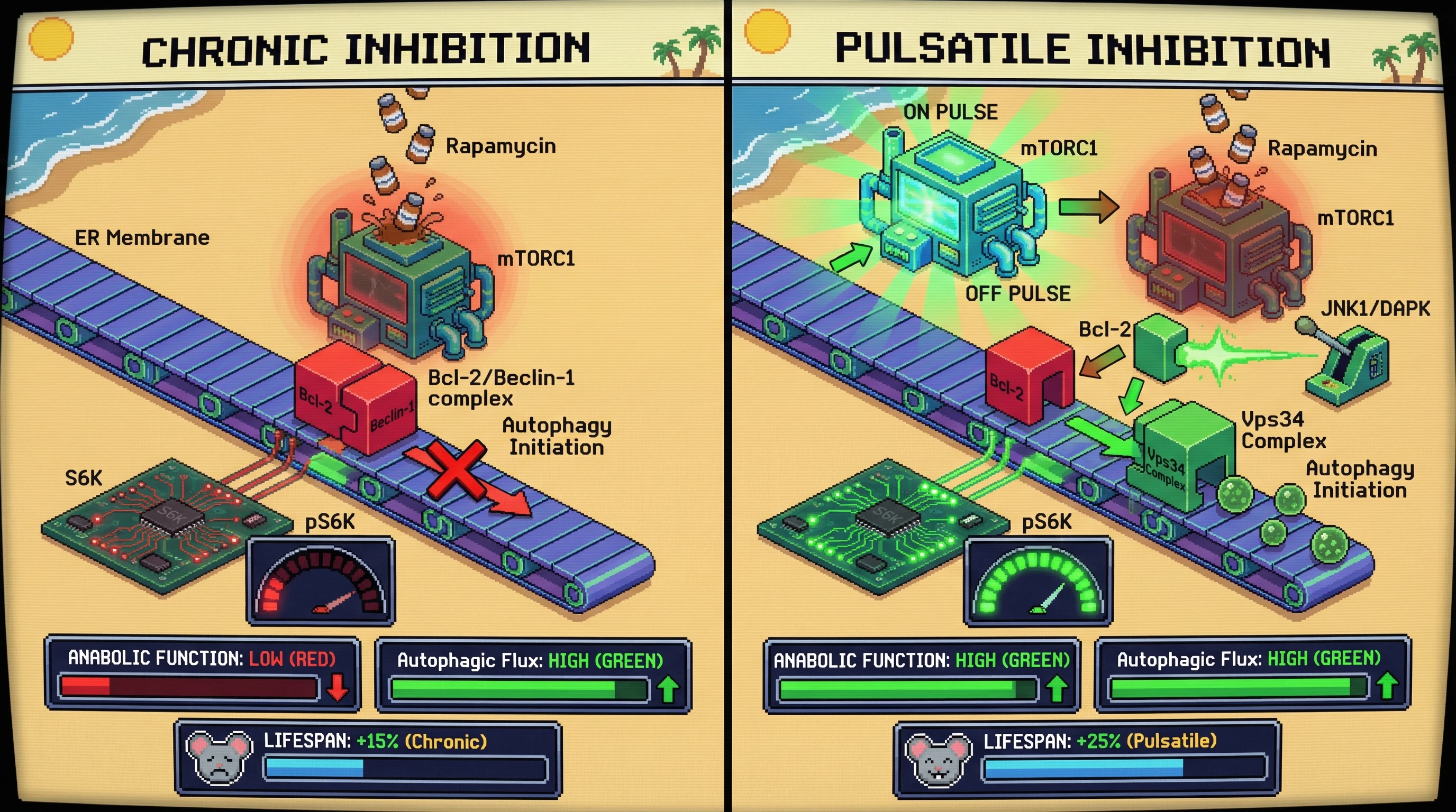 Infographic for: Revisiting the mTOR-Bcl-2/Beclin-1 Dial: Pulsatile Inhibition as a Strategy to Preserve Civilizational Functions While Enhancing Longevity